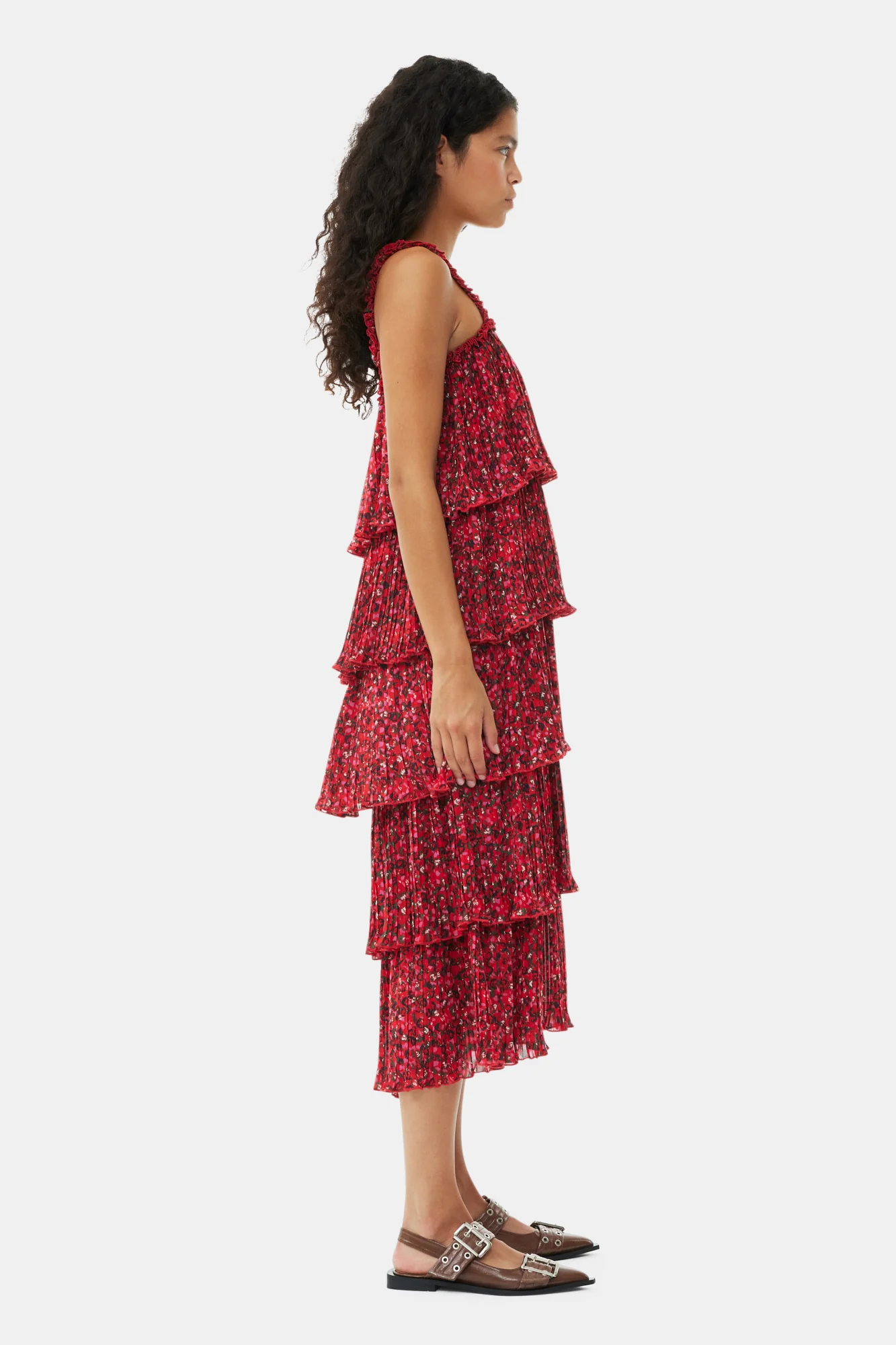 Pleated Georgette Flounce Strap Midi Dress | Racing Red - Image 3