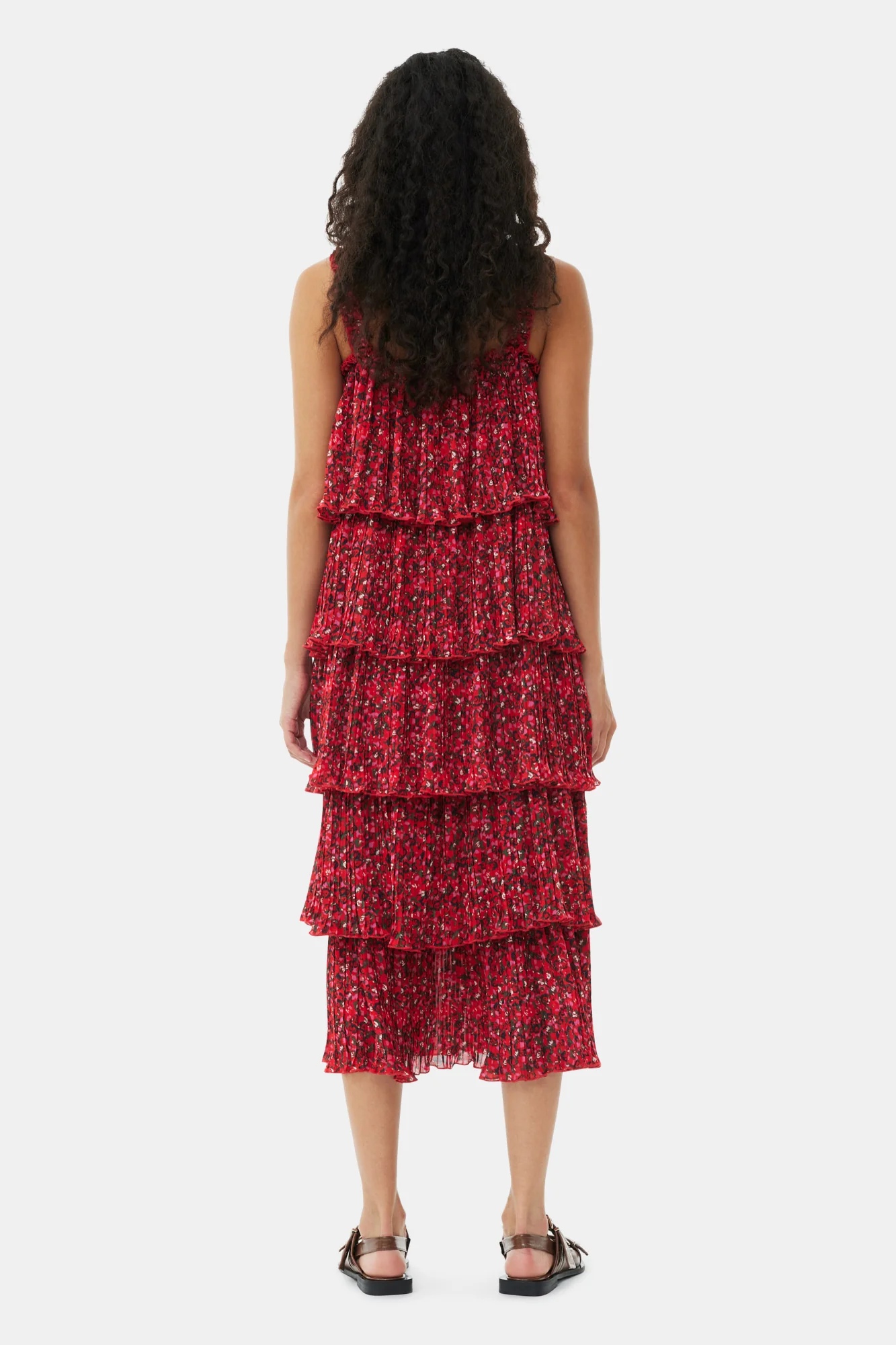 Pleated Georgette Flounce Strap Midi Dress | Racing Red - Image 4