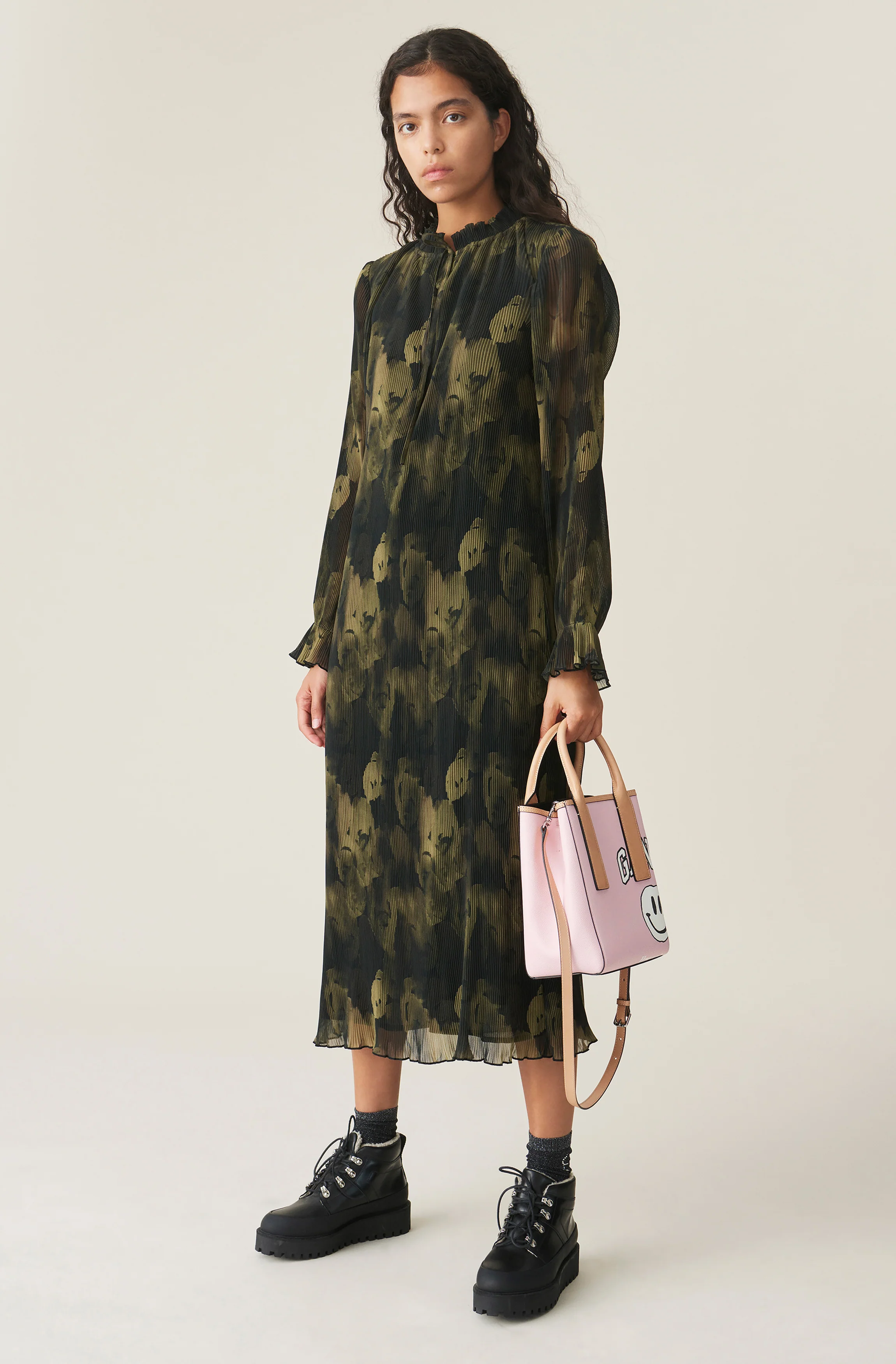 Pleated Georgette Maxi Dress | Olive Drab - Image 2