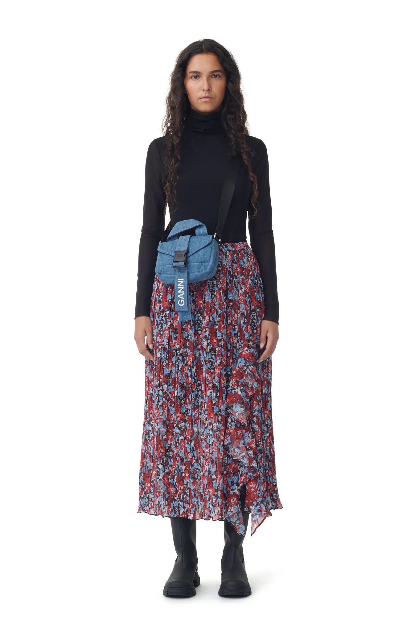 Pleated Georgette Midi Flounce Skirt | High Risk Red