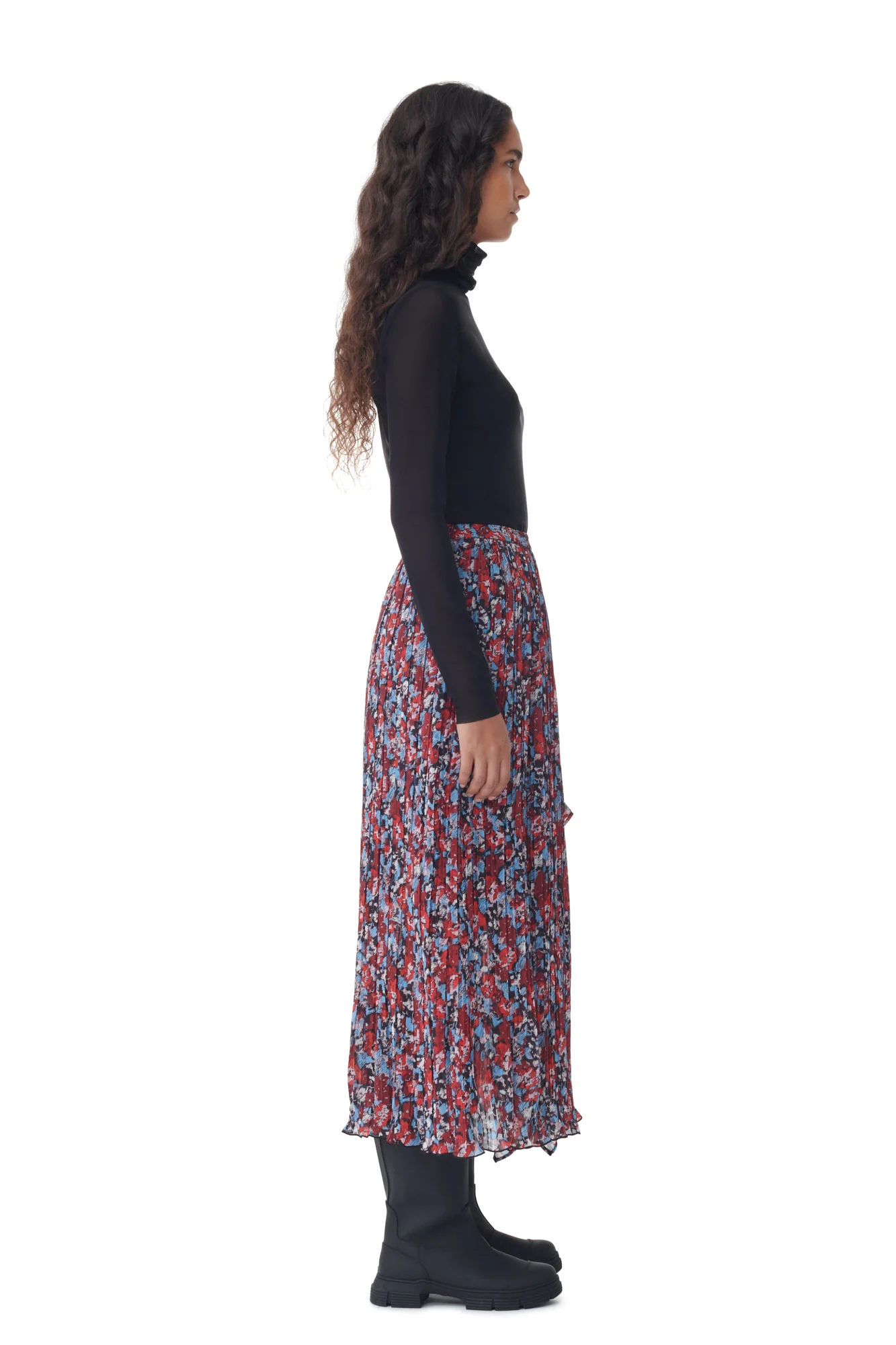 Pleated Georgette Midi Flounce Skirt | High Risk Red - Image 2