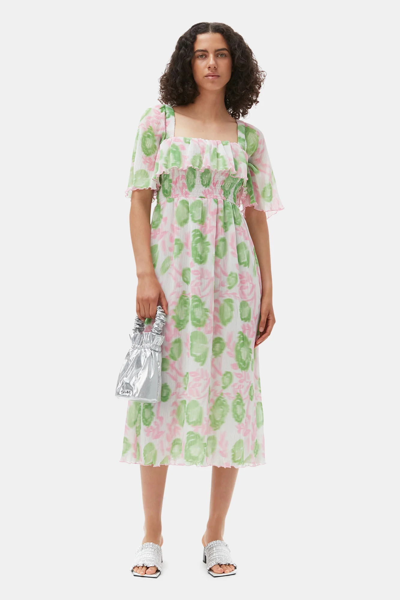 Pleated Georgette Midi Smock Dress | Pink Tulle - Image 3