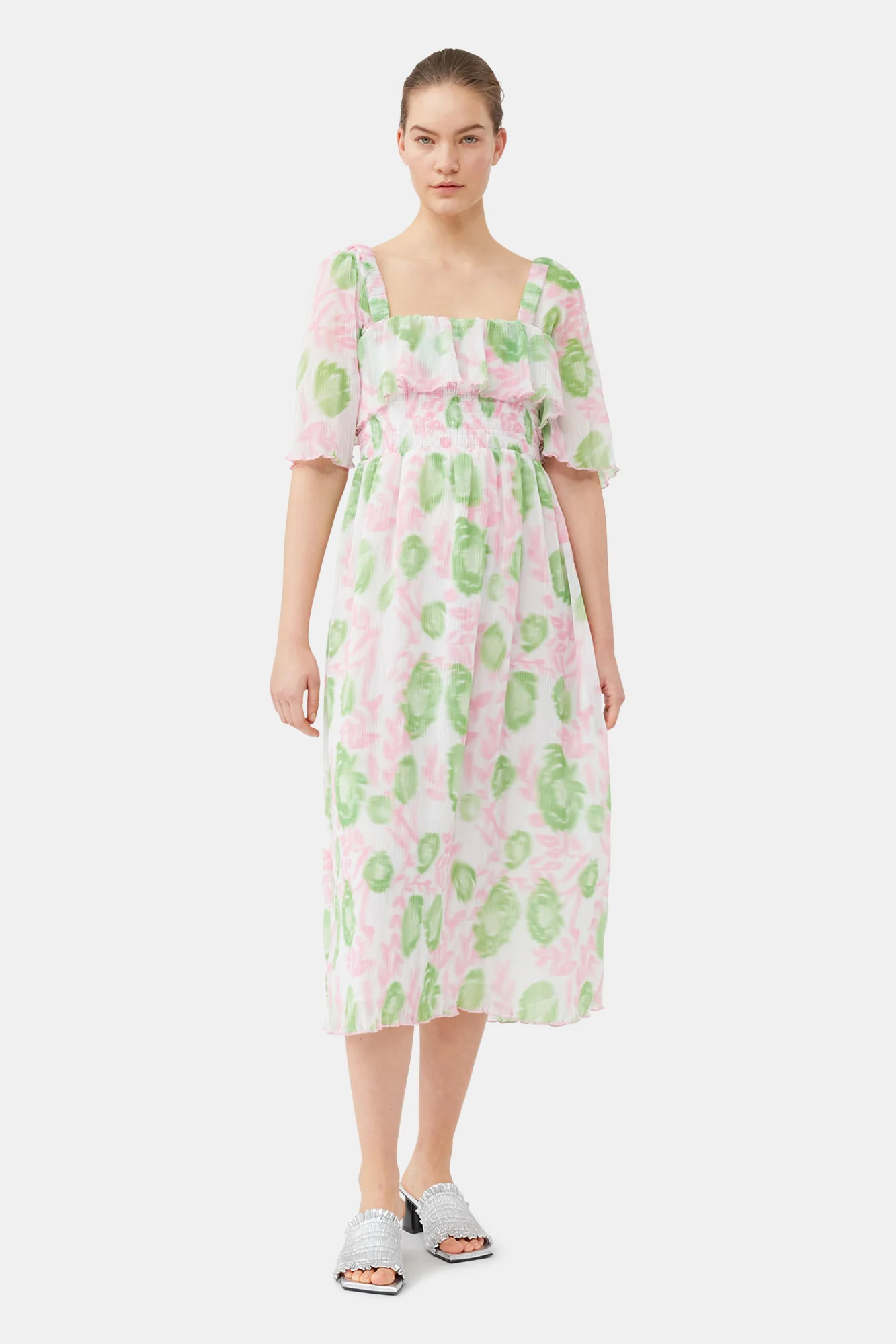 Pleated Georgette Midi Smock Dress | Pink Tulle - Image 7