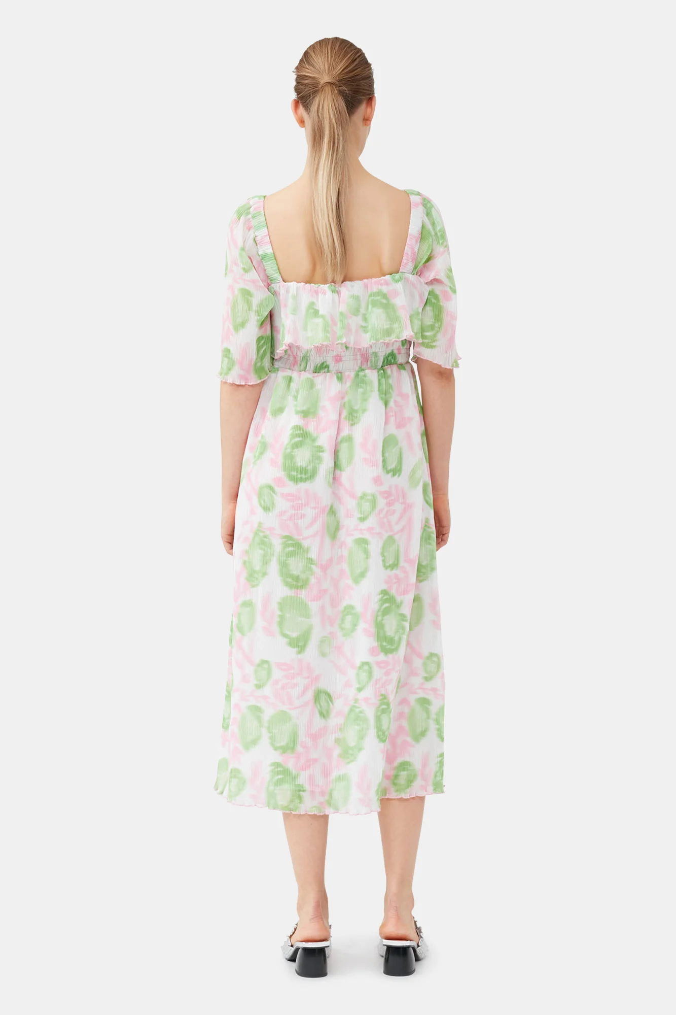 Pleated Georgette Midi Smock Dress | Pink Tulle - Image 8
