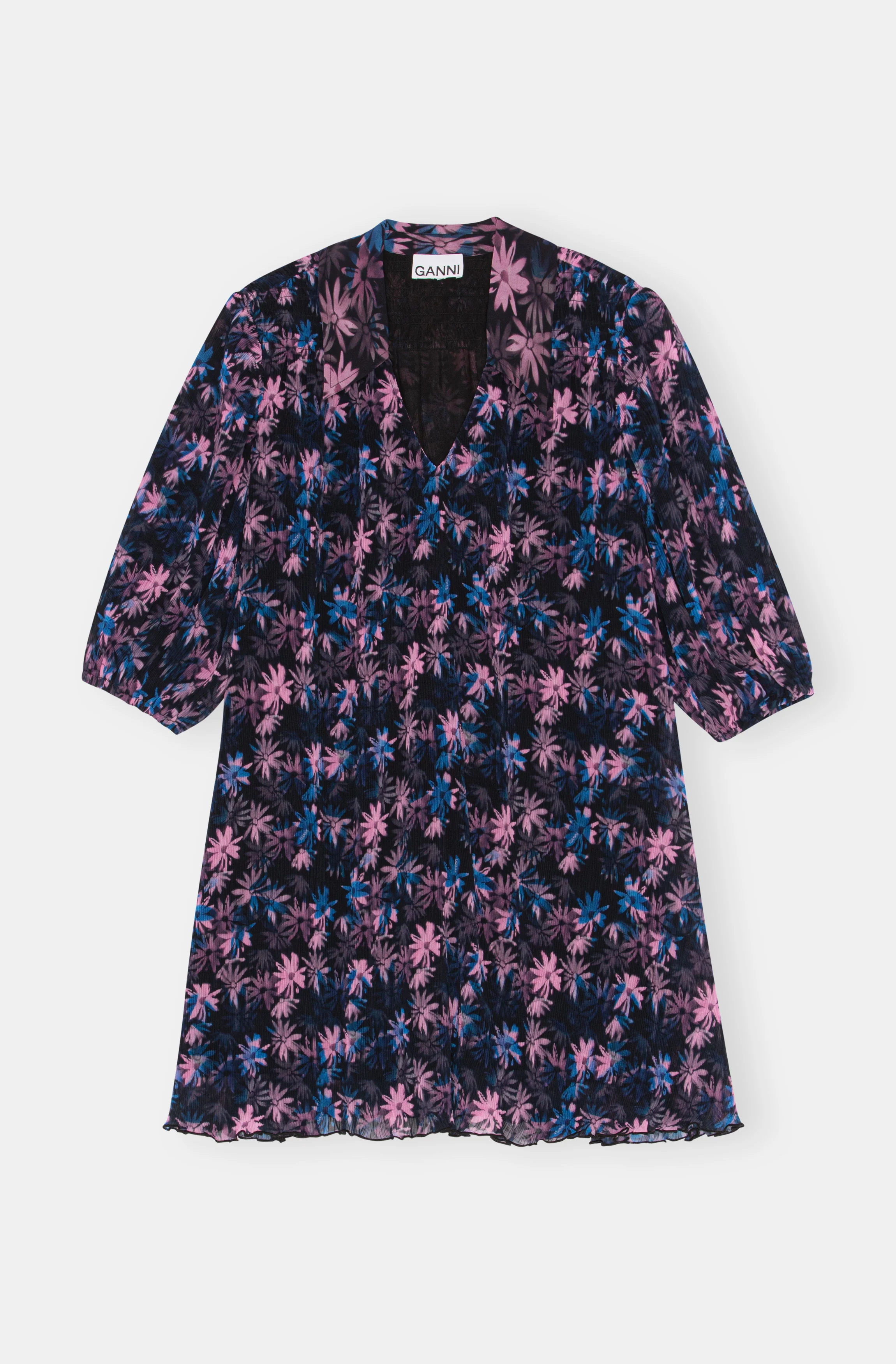 Pleated Georgette Mini Dress | Daisy Spray Lilac Sachet