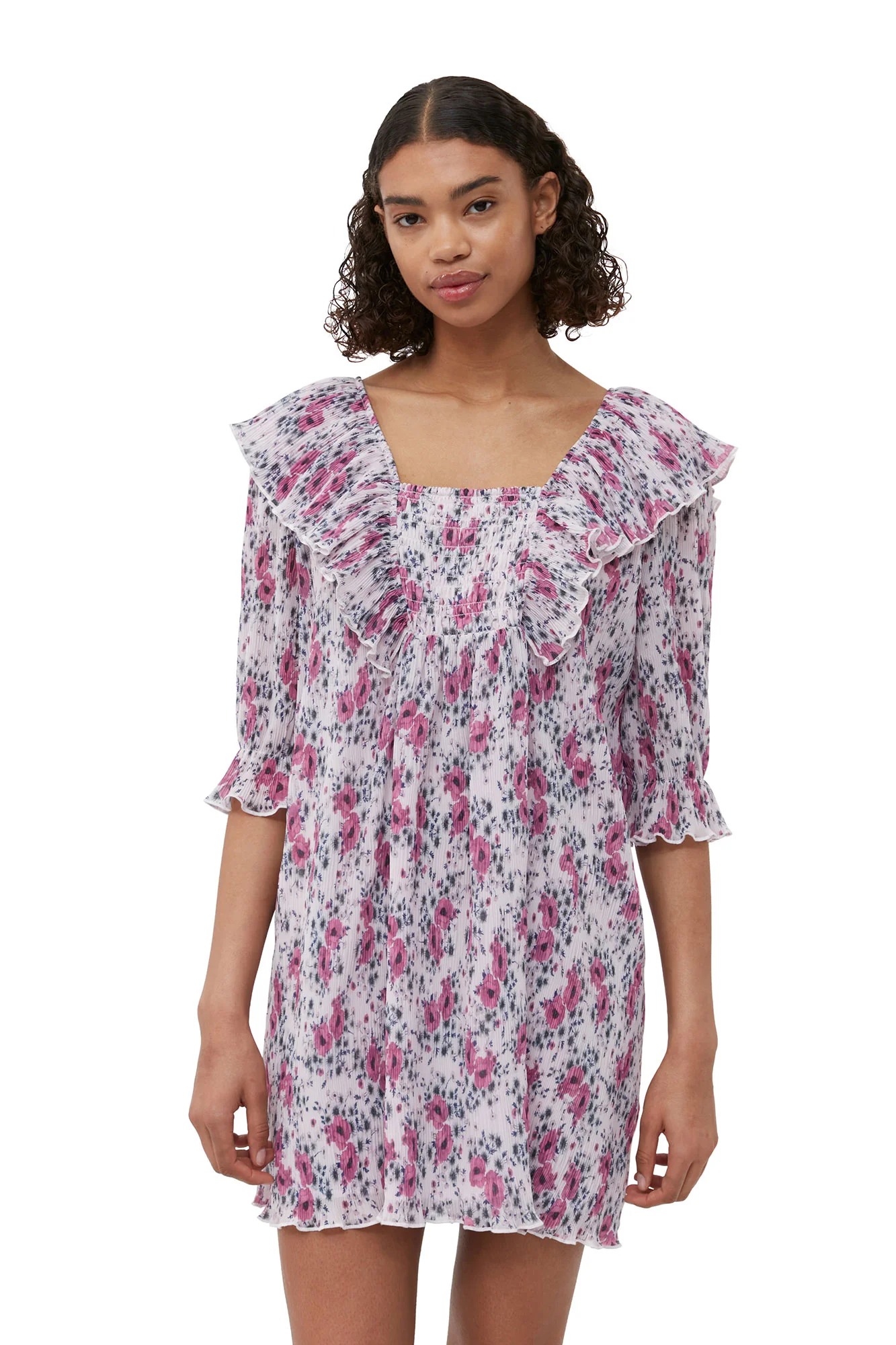 Pleated Georgette Ruffle Mini Dress | Mauve Chalk - Image 6