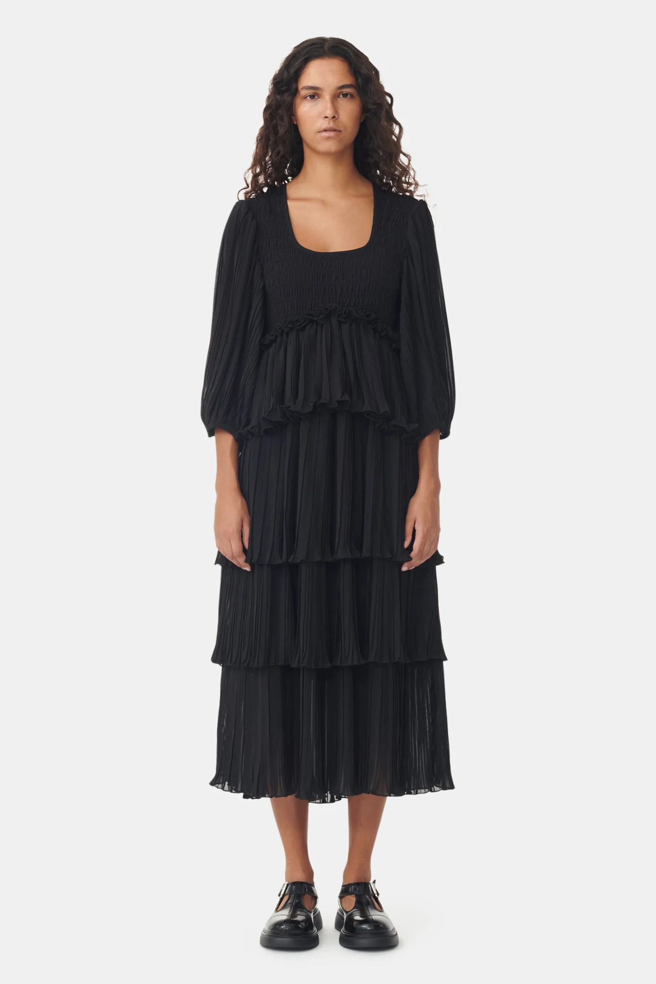 Pleated Georgette Square Neck Flounce Smock Midi Dress | Black - Image 3