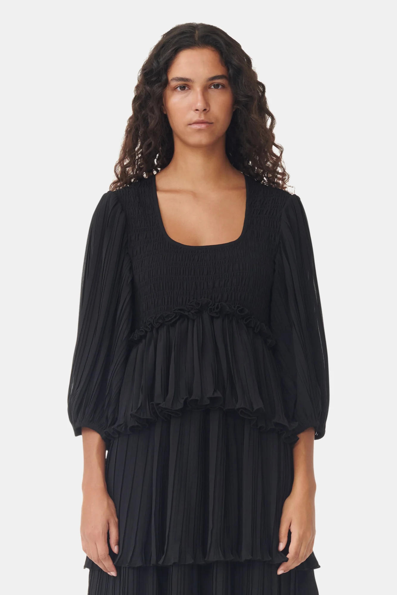 Pleated Georgette Square Neck Flounce Smock Midi Dress | Black - Image 4