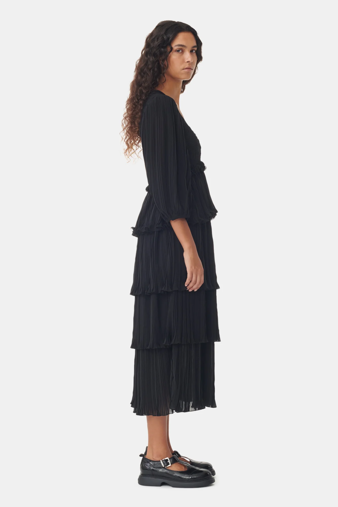 Pleated Georgette Square Neck Flounce Smock Midi Dress | Black - Image 5