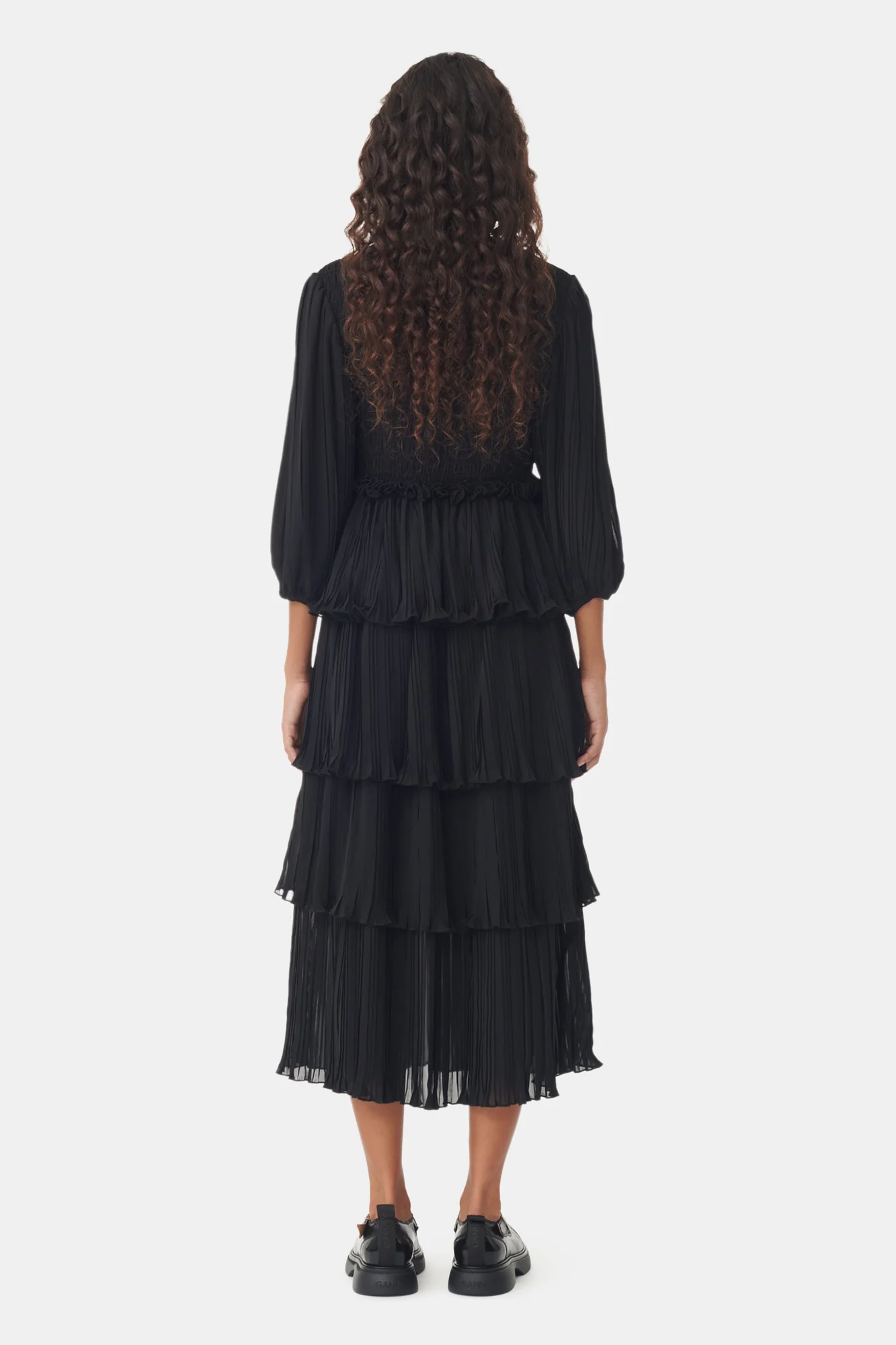 Pleated Georgette Square Neck Flounce Smock Midi Dress | Black - Image 6