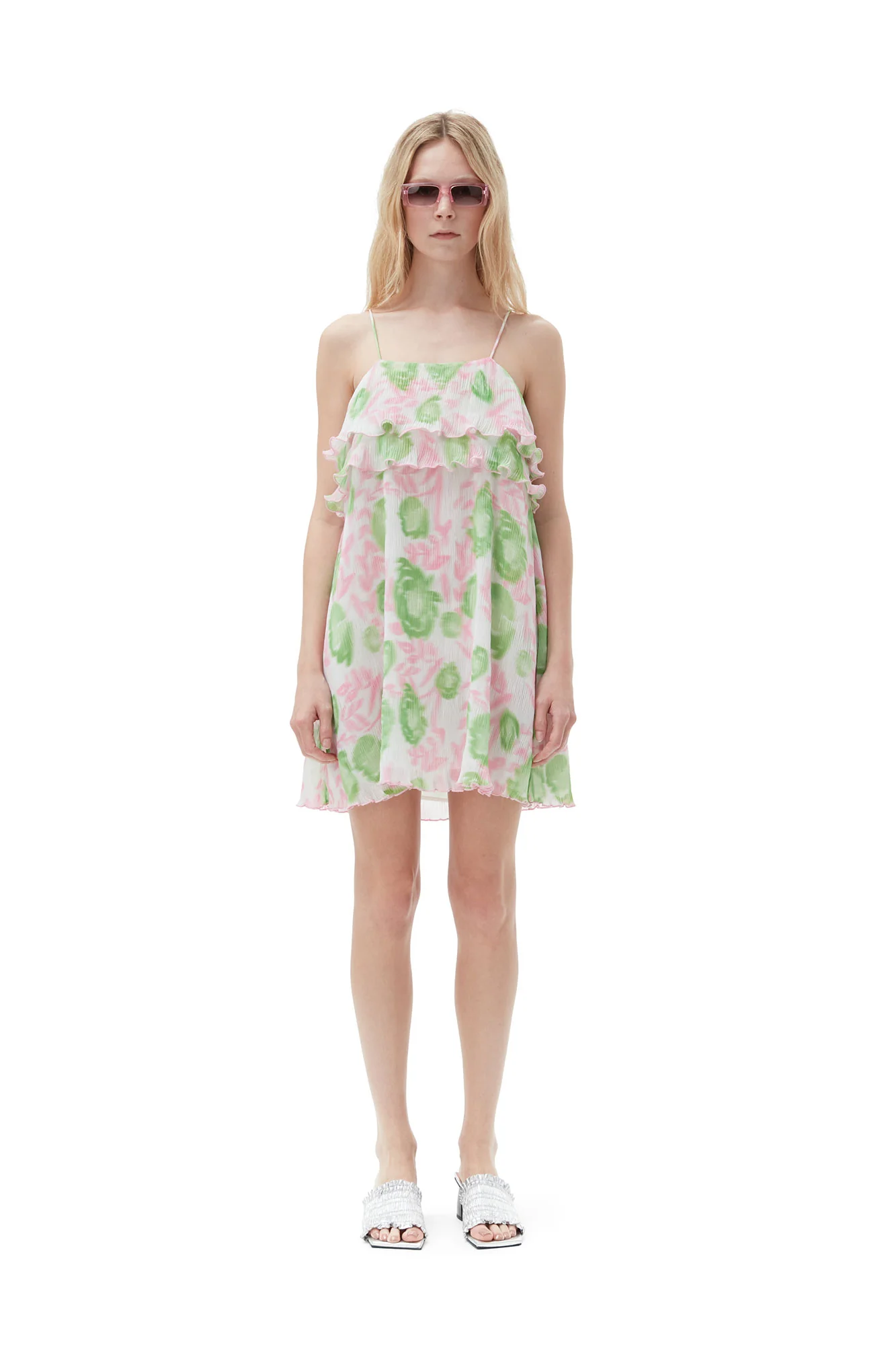 Pleated Georgette Strap Mini Dress | Pink Tulle - Image 7