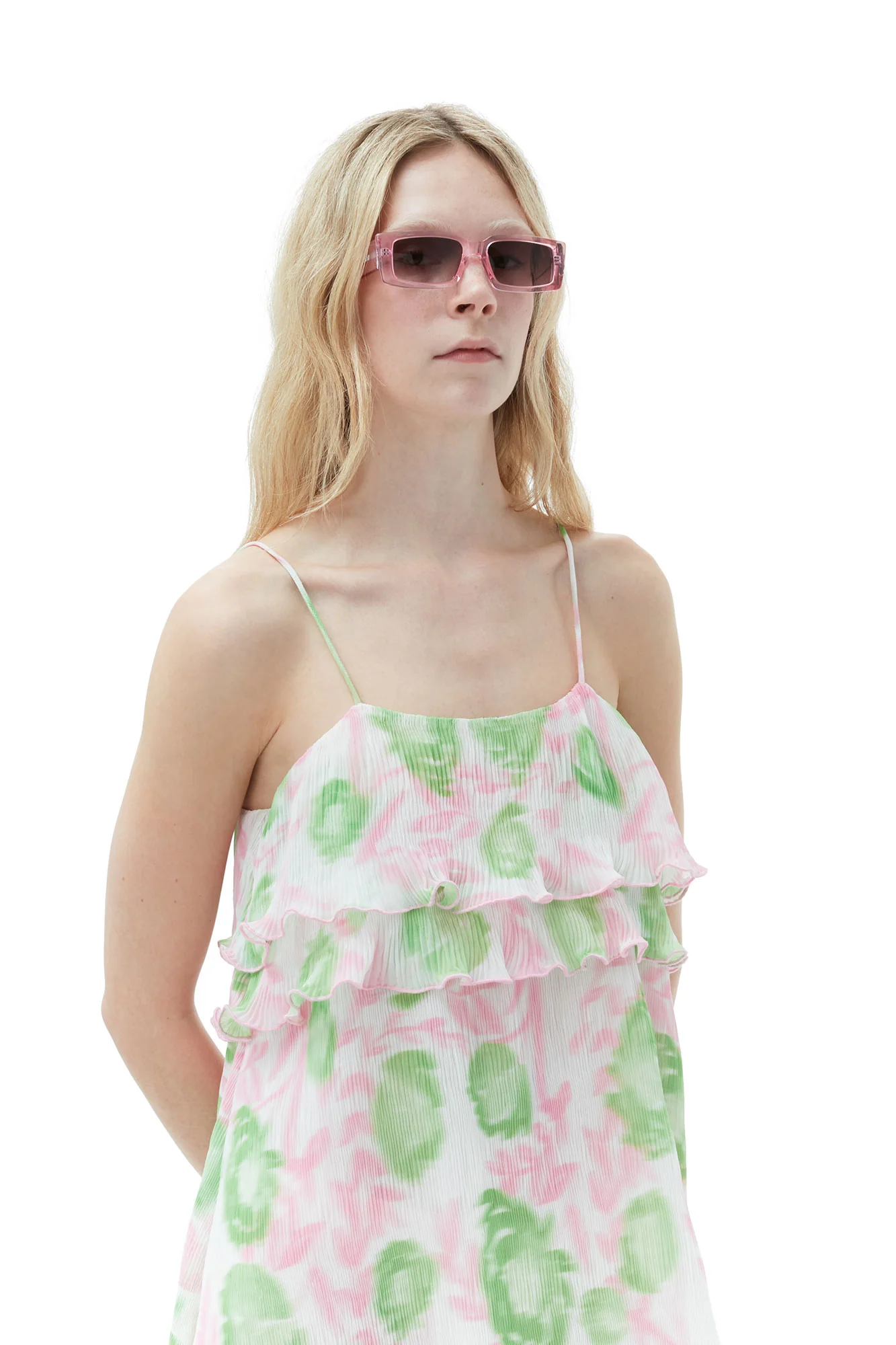 Pleated Georgette Strap Mini Dress | Pink Tulle - Image 9