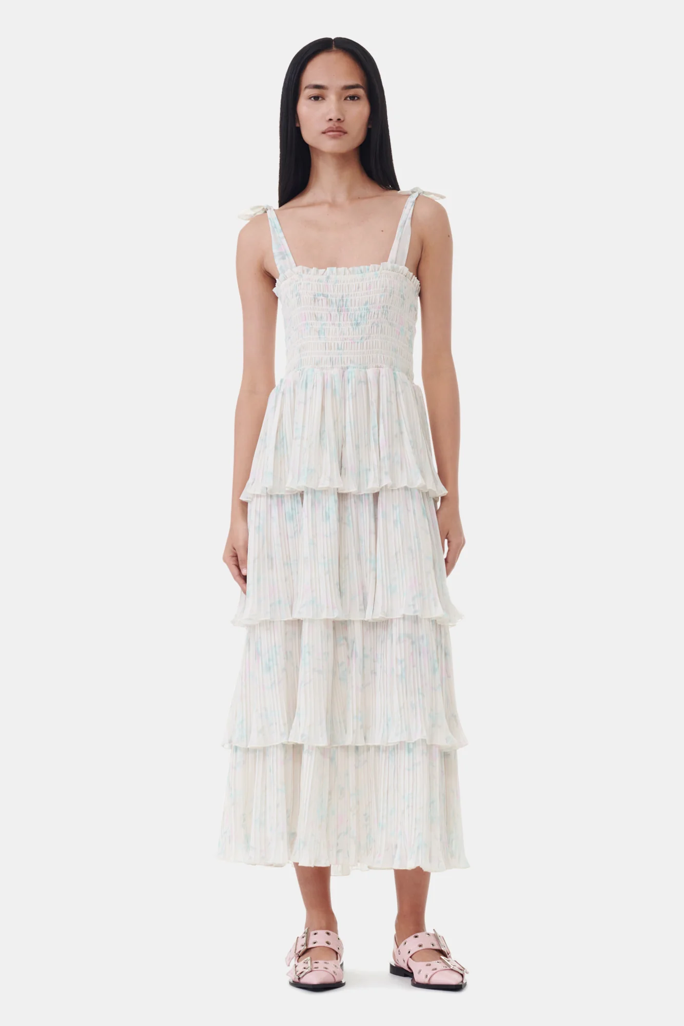 Pleated Georgette Strap Smock Midi Dress | Tofu - Image 3