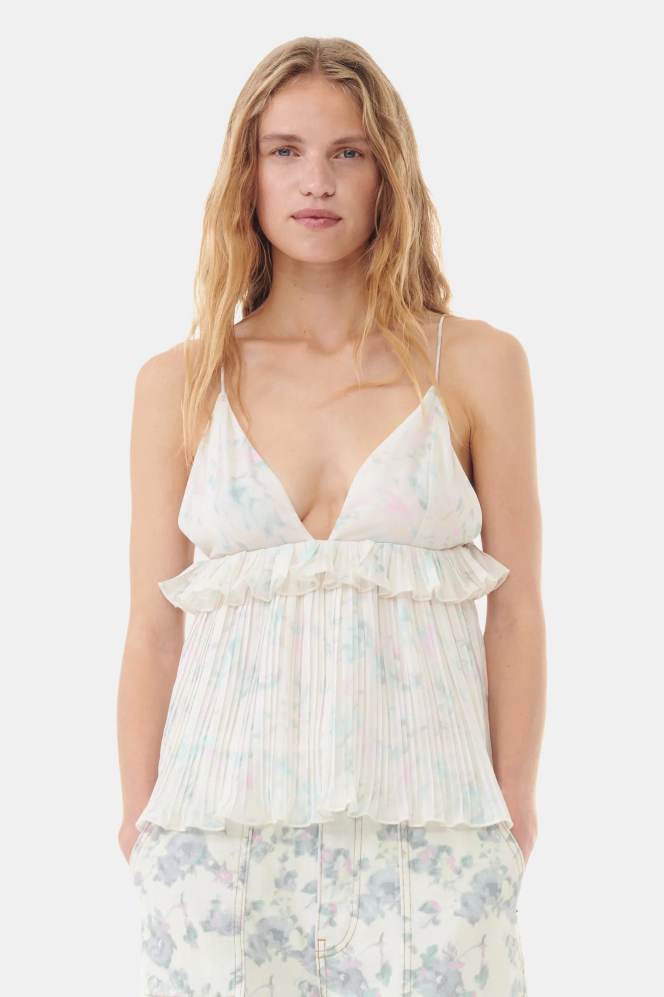 Pleated Georgette Strap Top | Tofu - Image 3