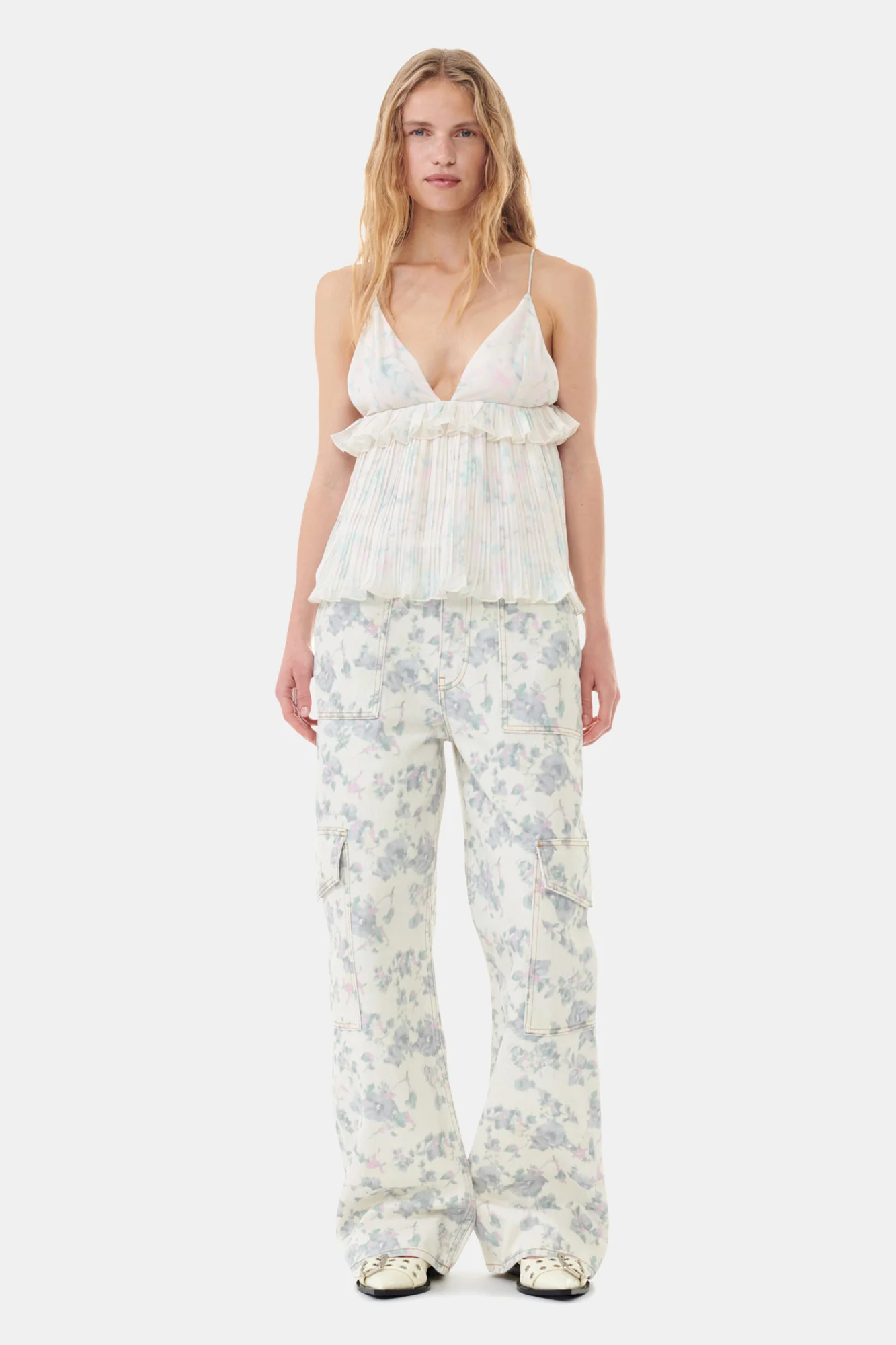 Pleated Georgette Strap Top | Tofu - Image 4