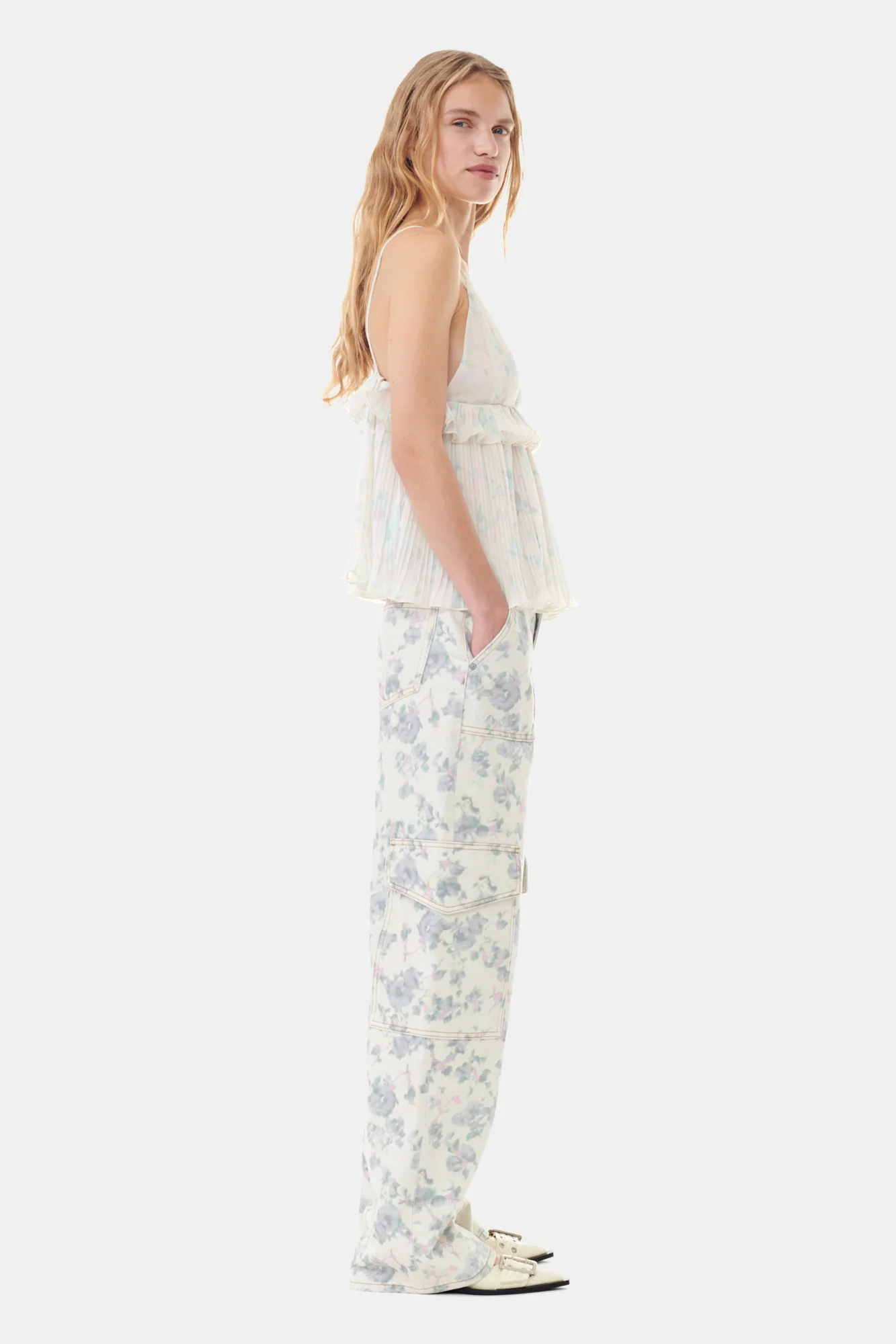 Pleated Georgette Strap Top | Tofu - Image 5