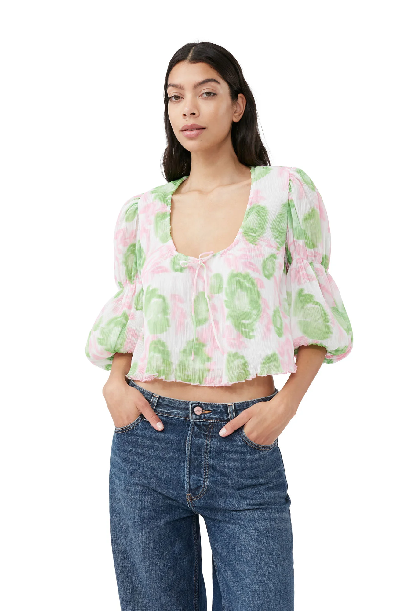 Pleated Georgette U-neck Blouse | Pink Tulle - Image 6