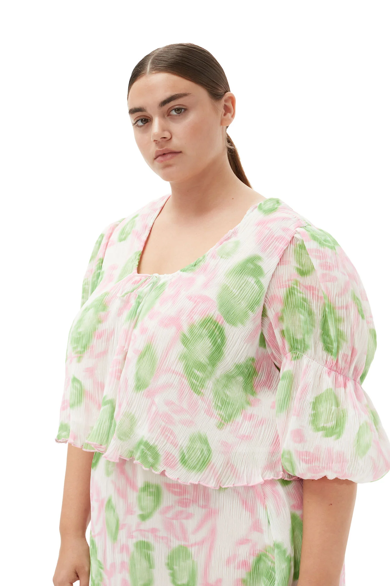 Pleated Georgette U-neck Blouse | Pink Tulle - Image 9