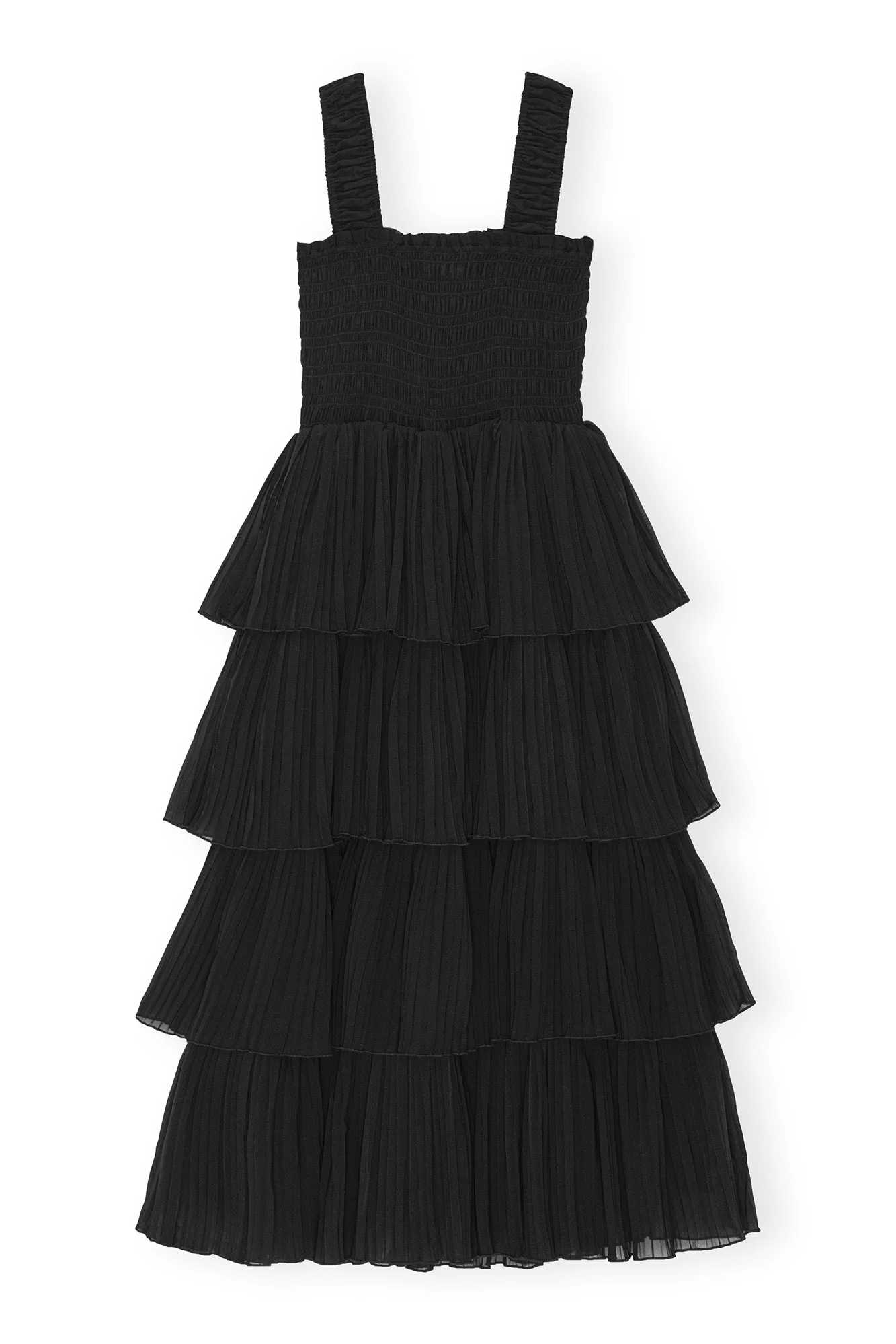 Pleated Georgette U-Neck Flounce Smock Midi Dress | Black - Image 2