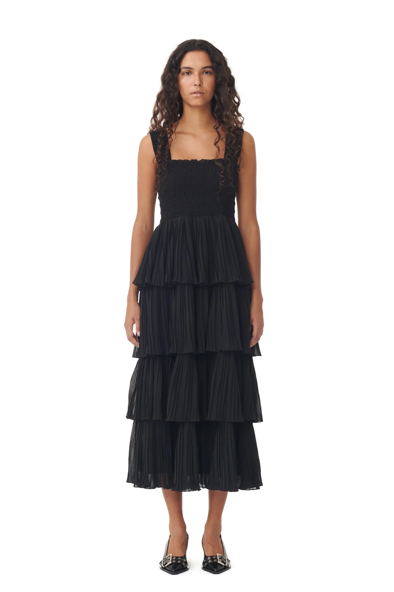 Pleated Georgette U-Neck Flounce Smock Midi Dress | Black - Image 3