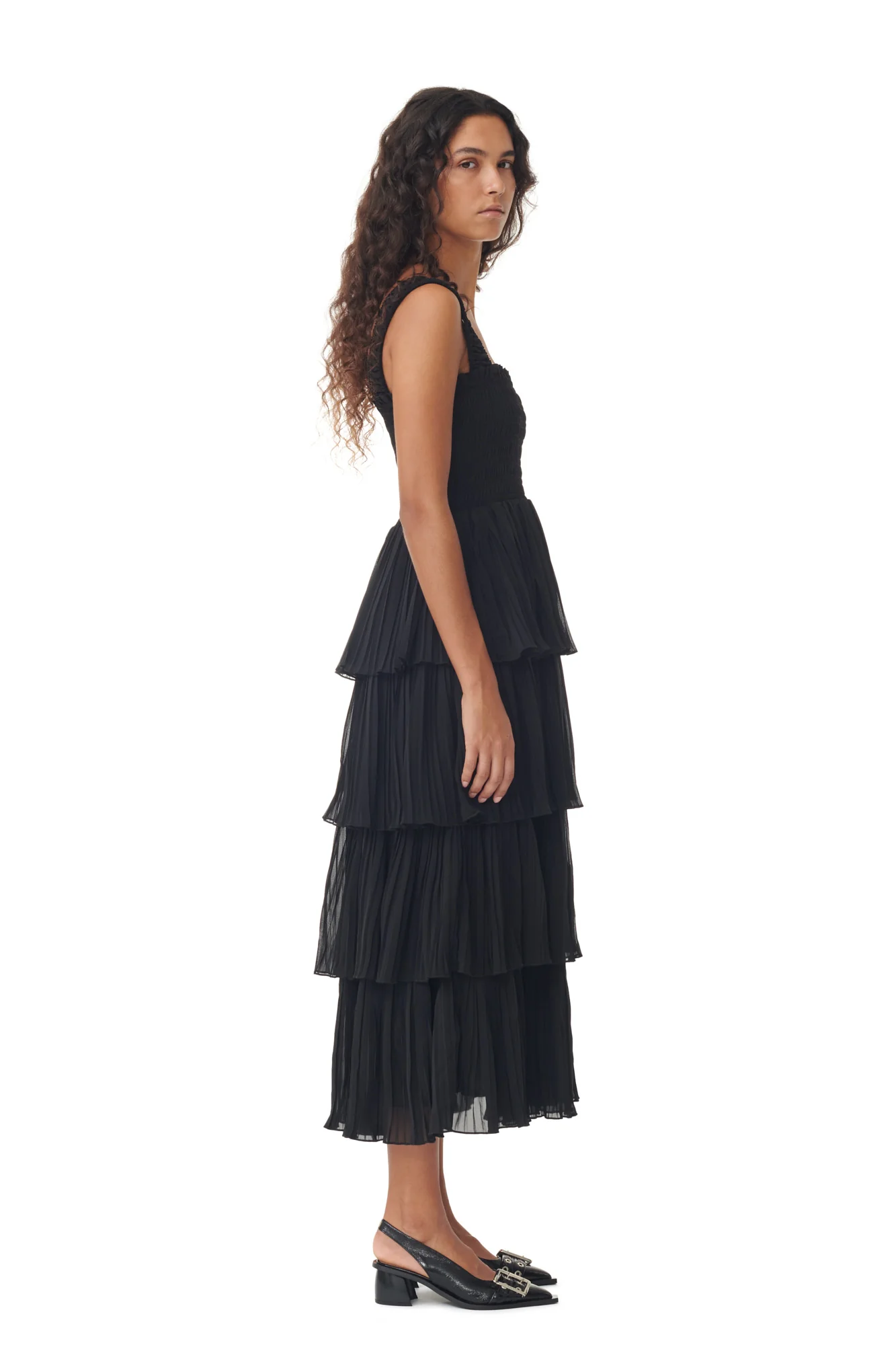 Pleated Georgette U-Neck Flounce Smock Midi Dress | Black - Image 4
