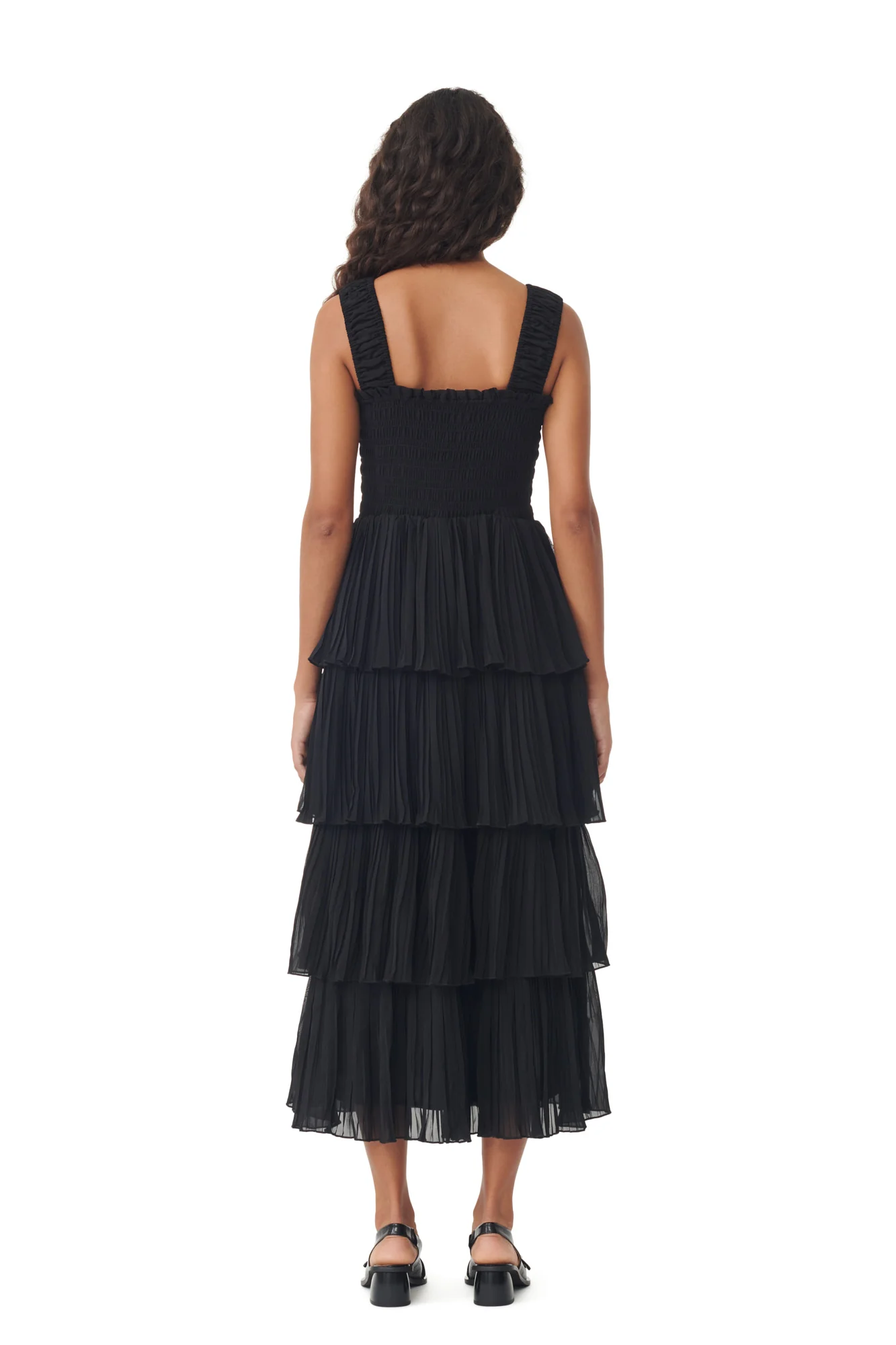 Pleated Georgette U-Neck Flounce Smock Midi Dress | Black - Image 5