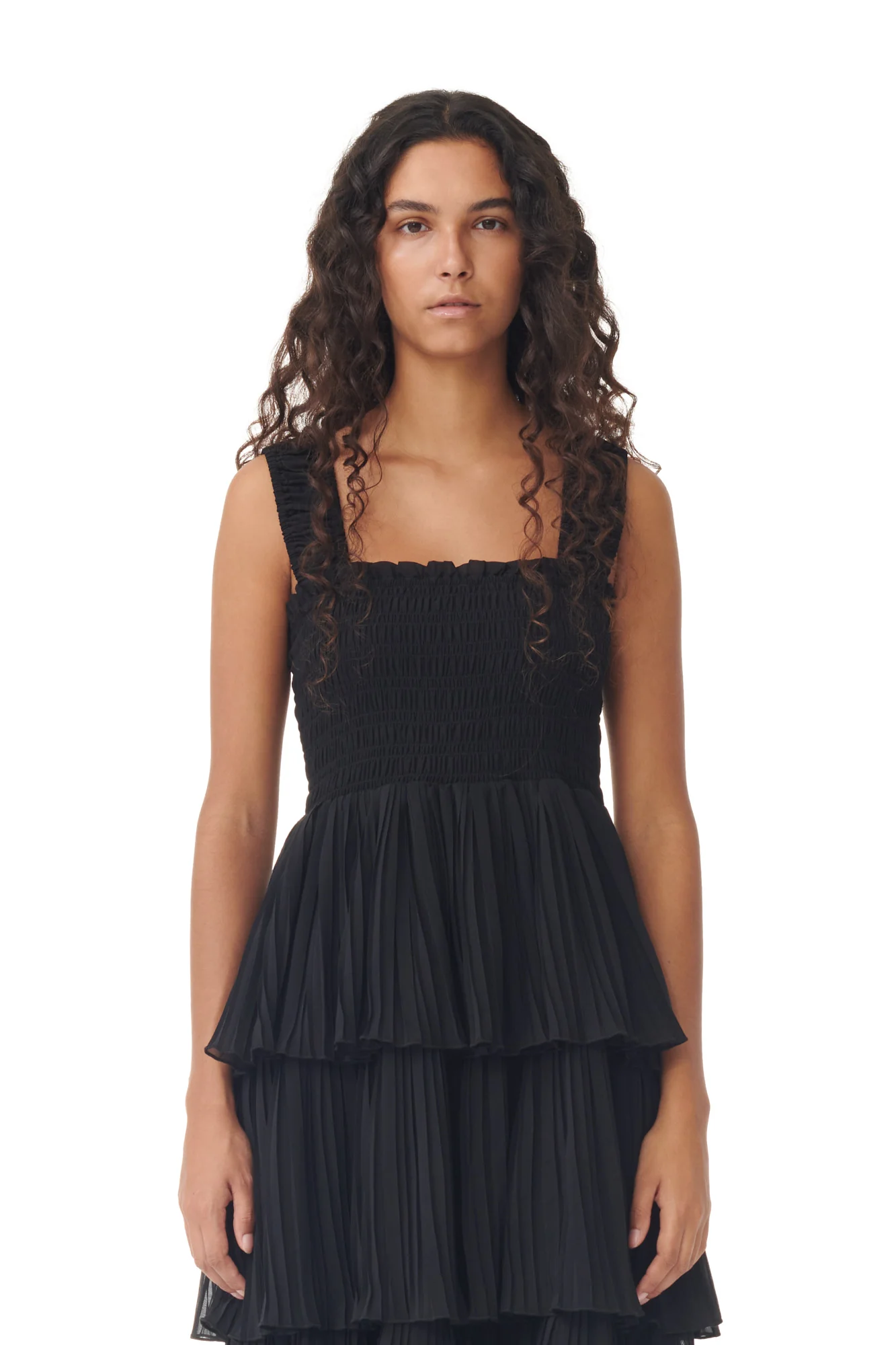 Pleated Georgette U-Neck Flounce Smock Midi Dress | Black - Image 6