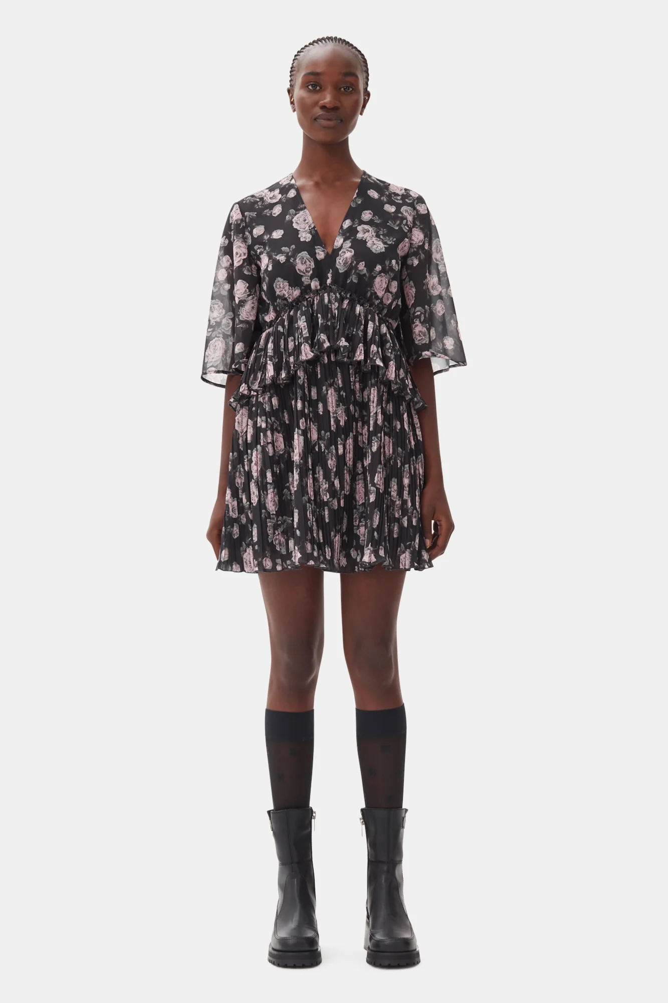 Pleated Georgette V-Neck Flounce Mini Dress | Phantom - Image 3