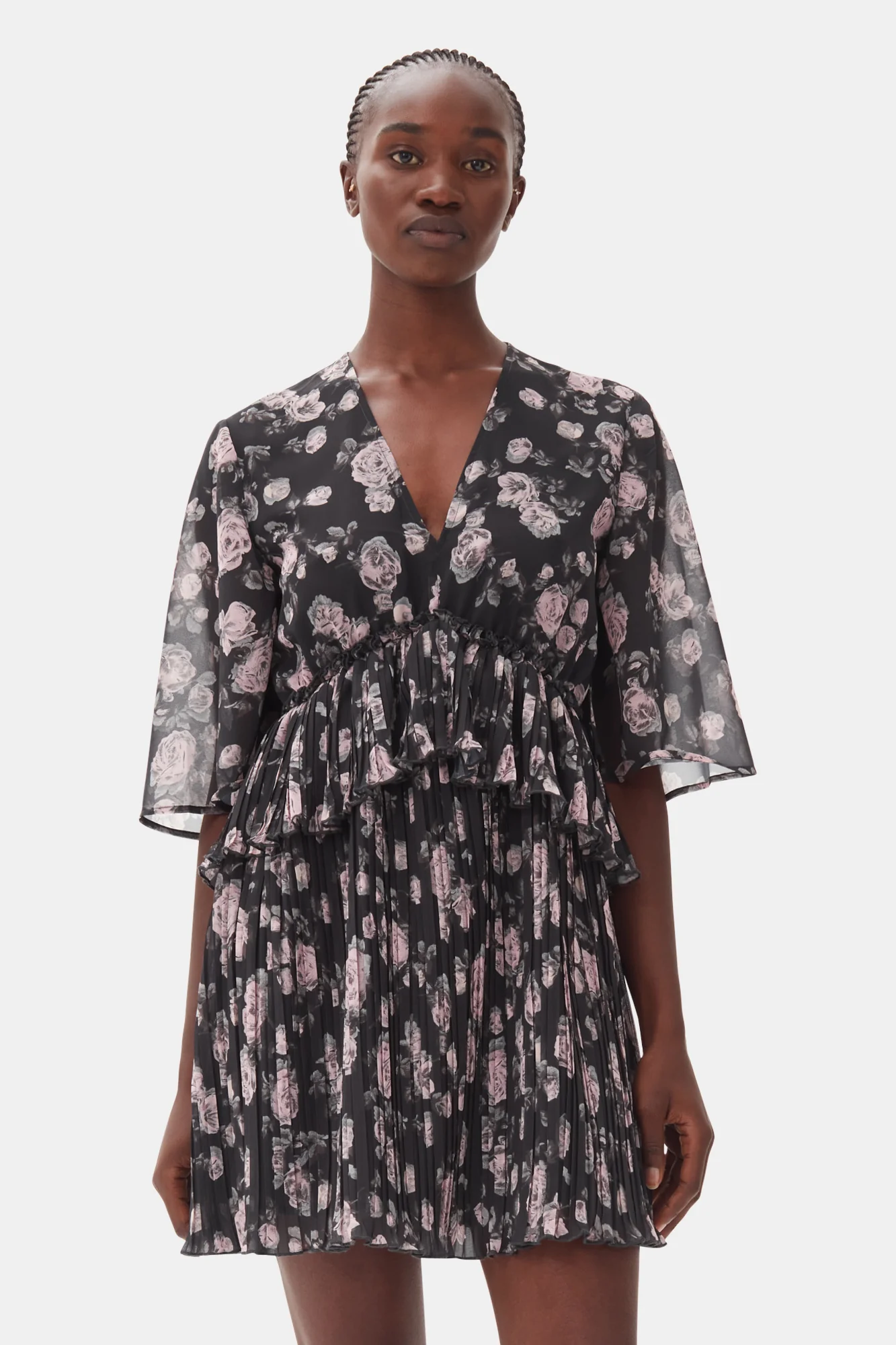 Pleated Georgette V-Neck Flounce Mini Dress | Phantom - Image 4