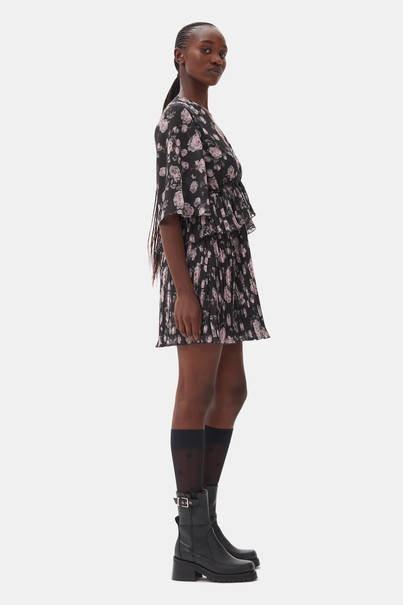 Pleated Georgette V-Neck Flounce Mini Dress | Phantom - Image 5