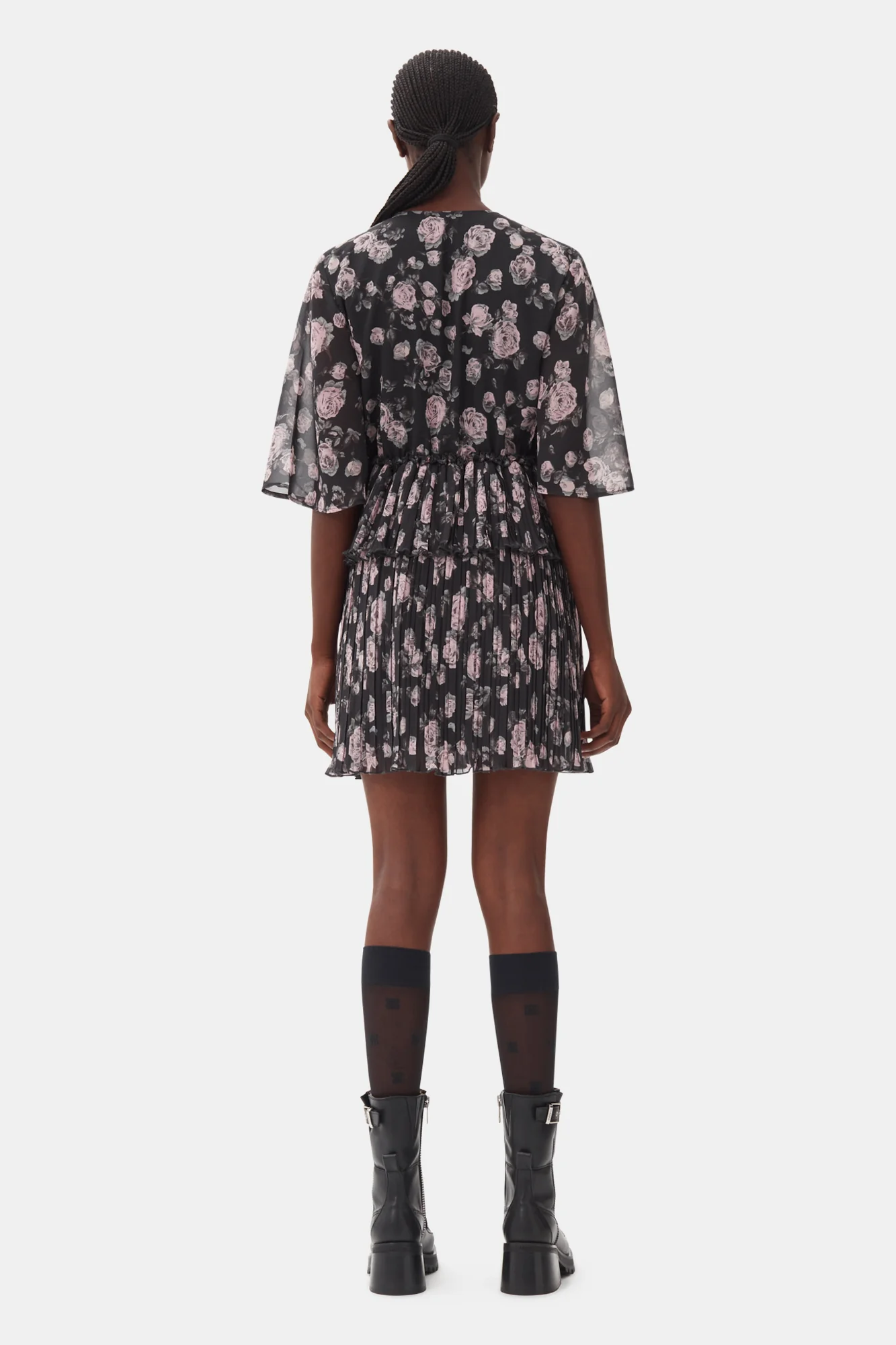 Pleated Georgette V-Neck Flounce Mini Dress | Phantom - Image 6