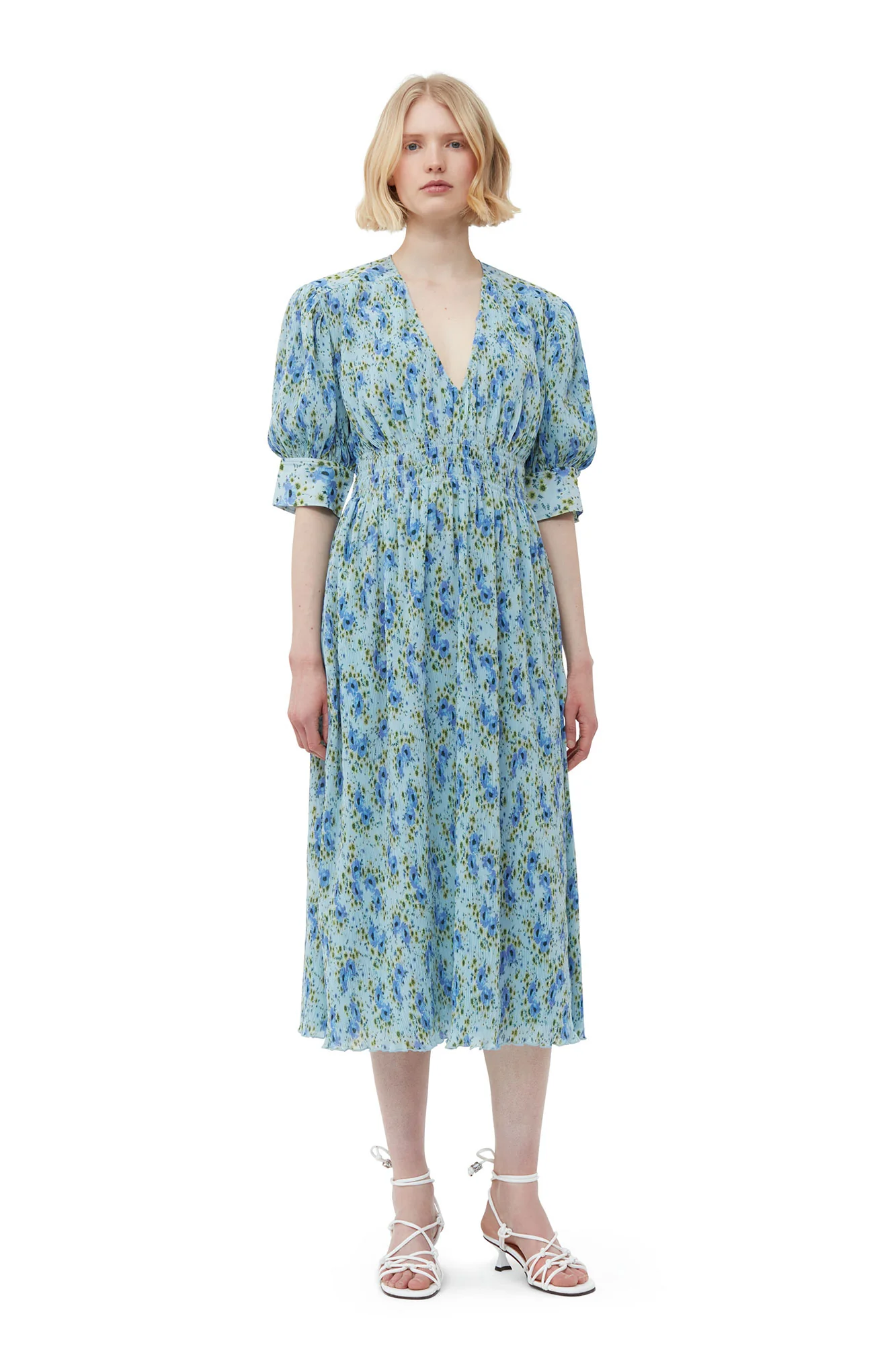 Pleated Georgette V-Neck Smock Midi Dress | Ice Water - Image 3