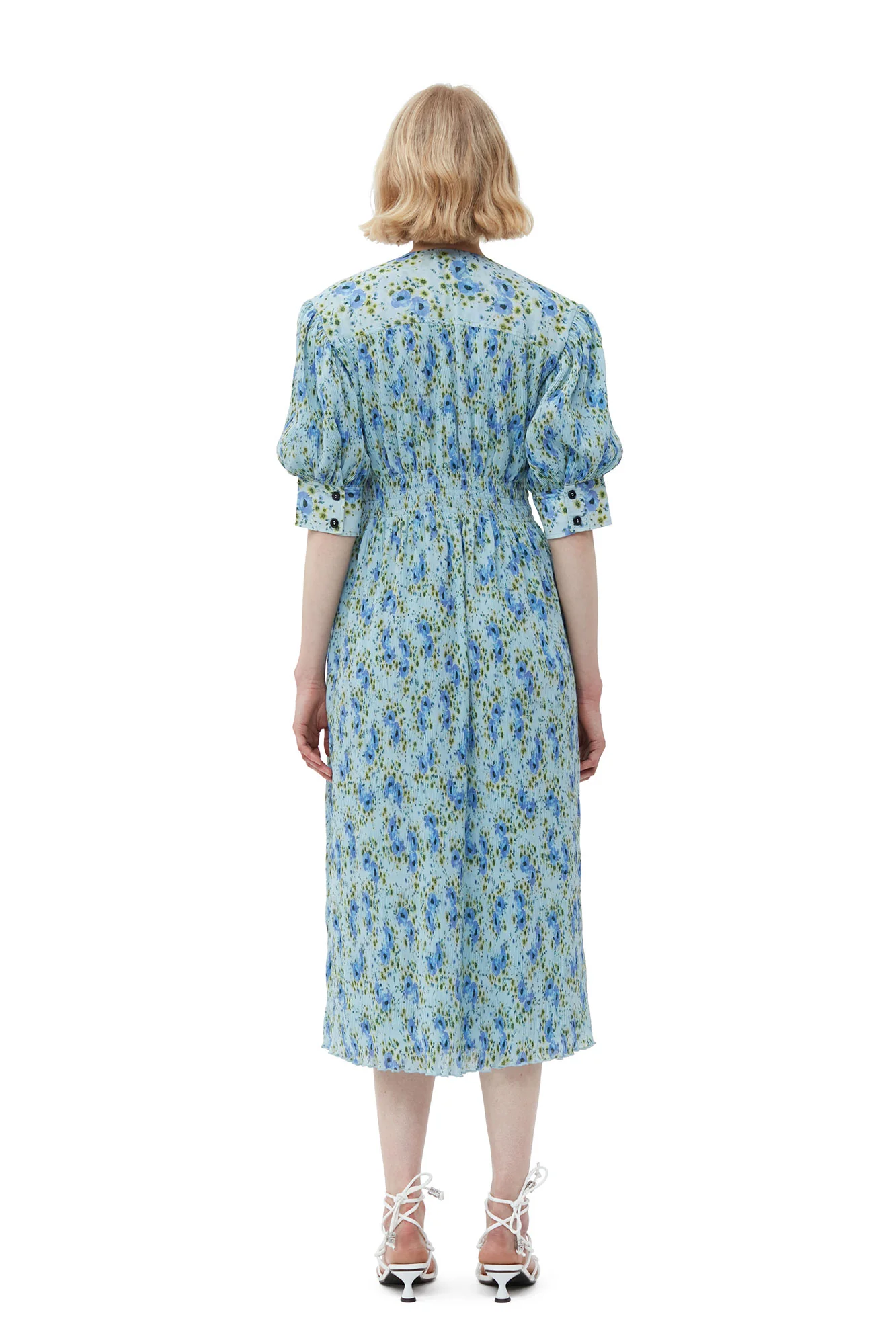 Pleated Georgette V-Neck Smock Midi Dress | Ice Water - Image 4
