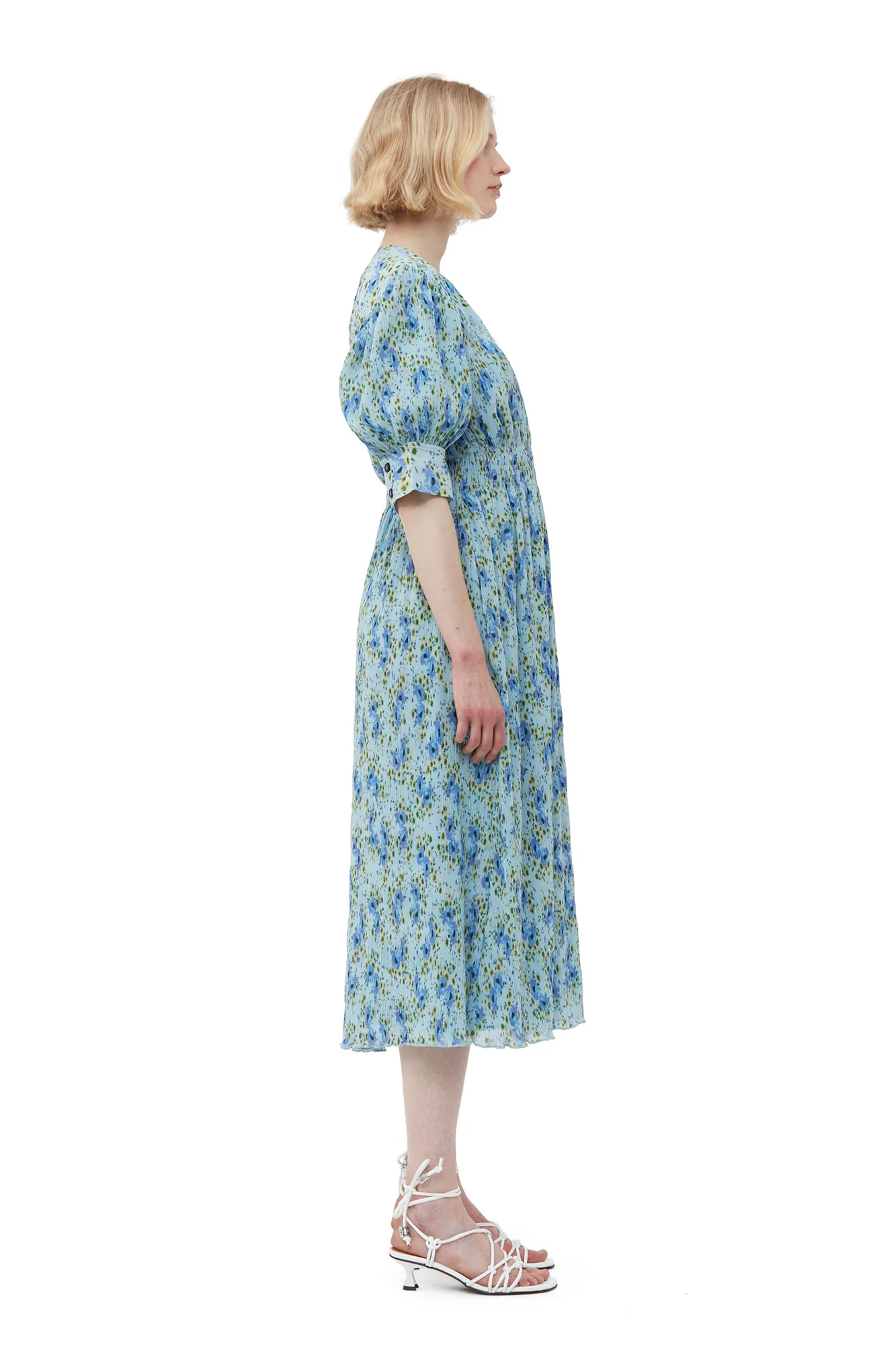 Pleated Georgette V-Neck Smock Midi Dress | Ice Water - Image 5