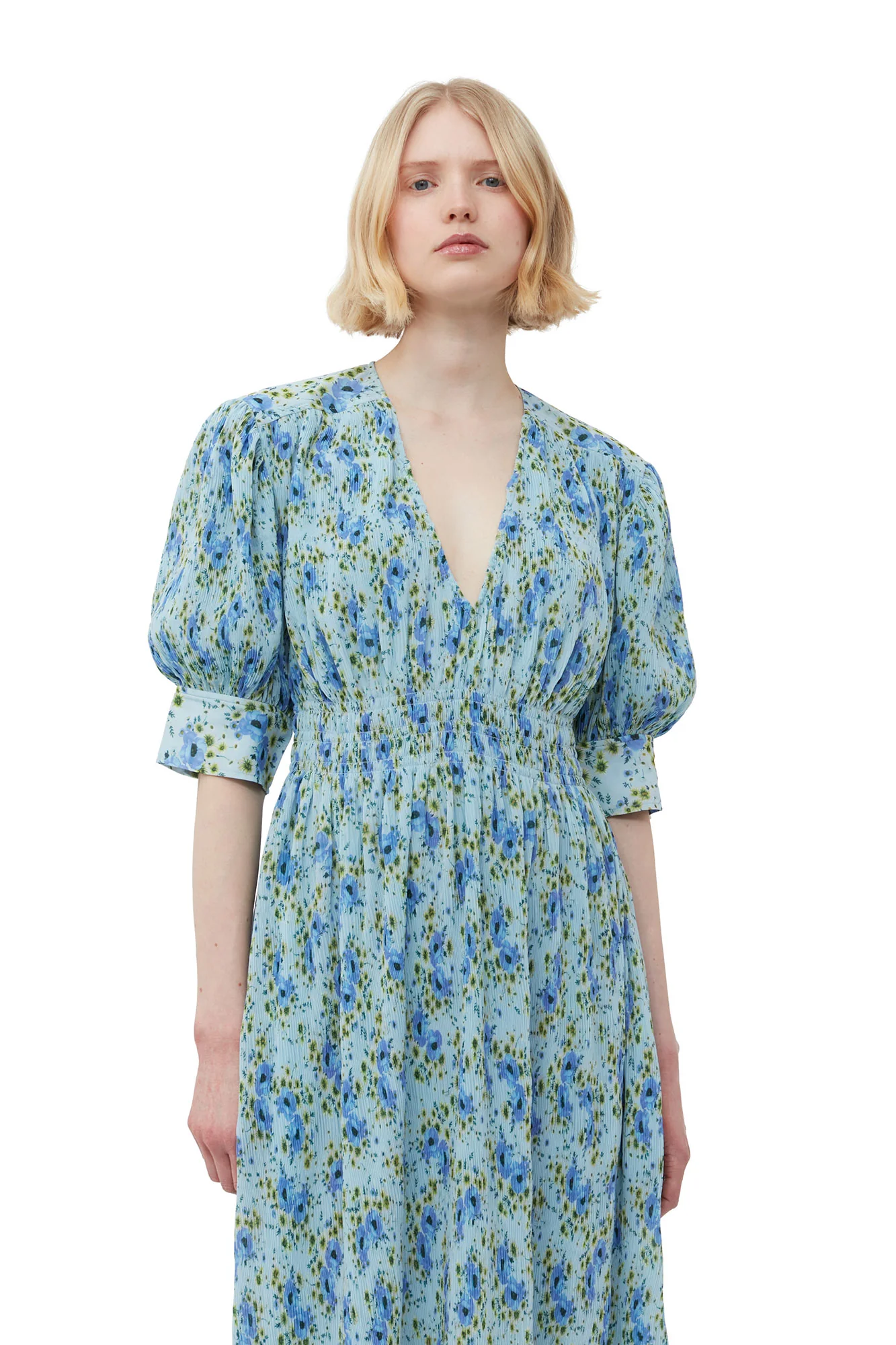Pleated Georgette V-Neck Smock Midi Dress | Ice Water - Image 6