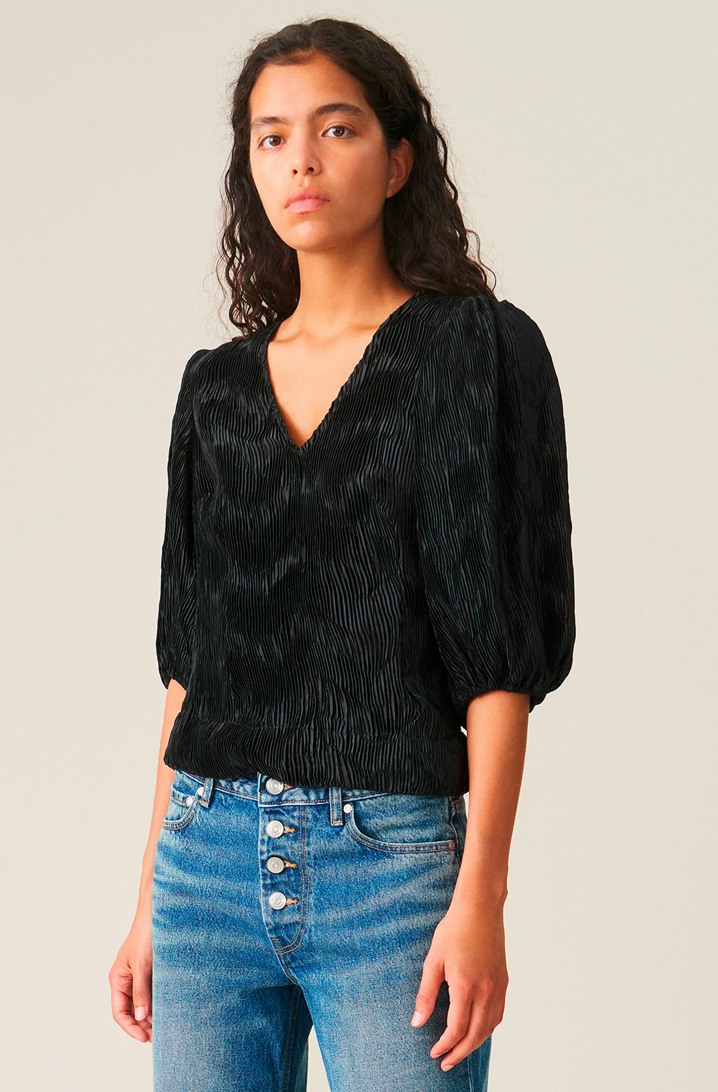 Pleated Satin Blouse | Black - Image 2