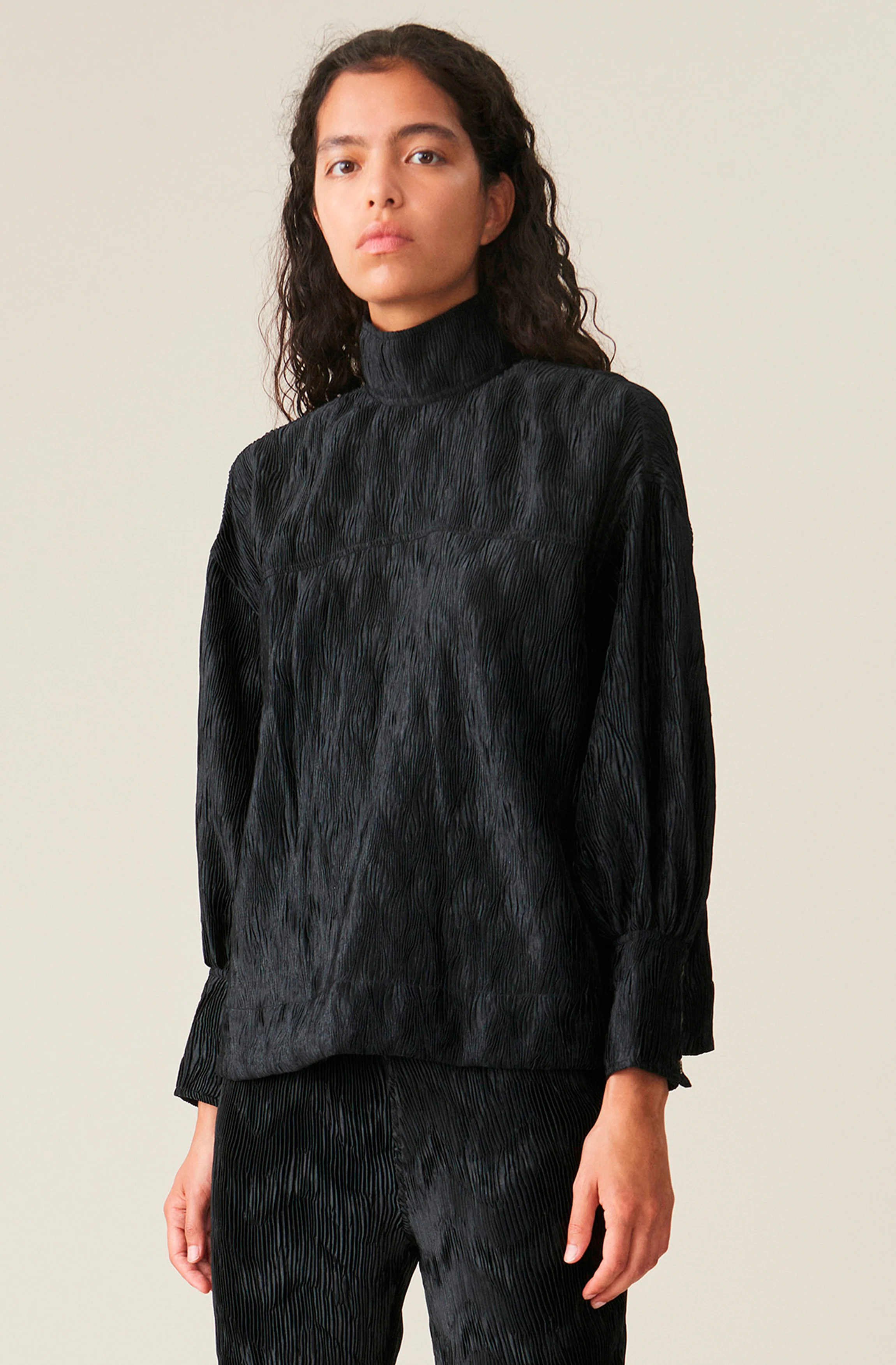 Pleated Satin Oversized Blouse | Black - Image 2