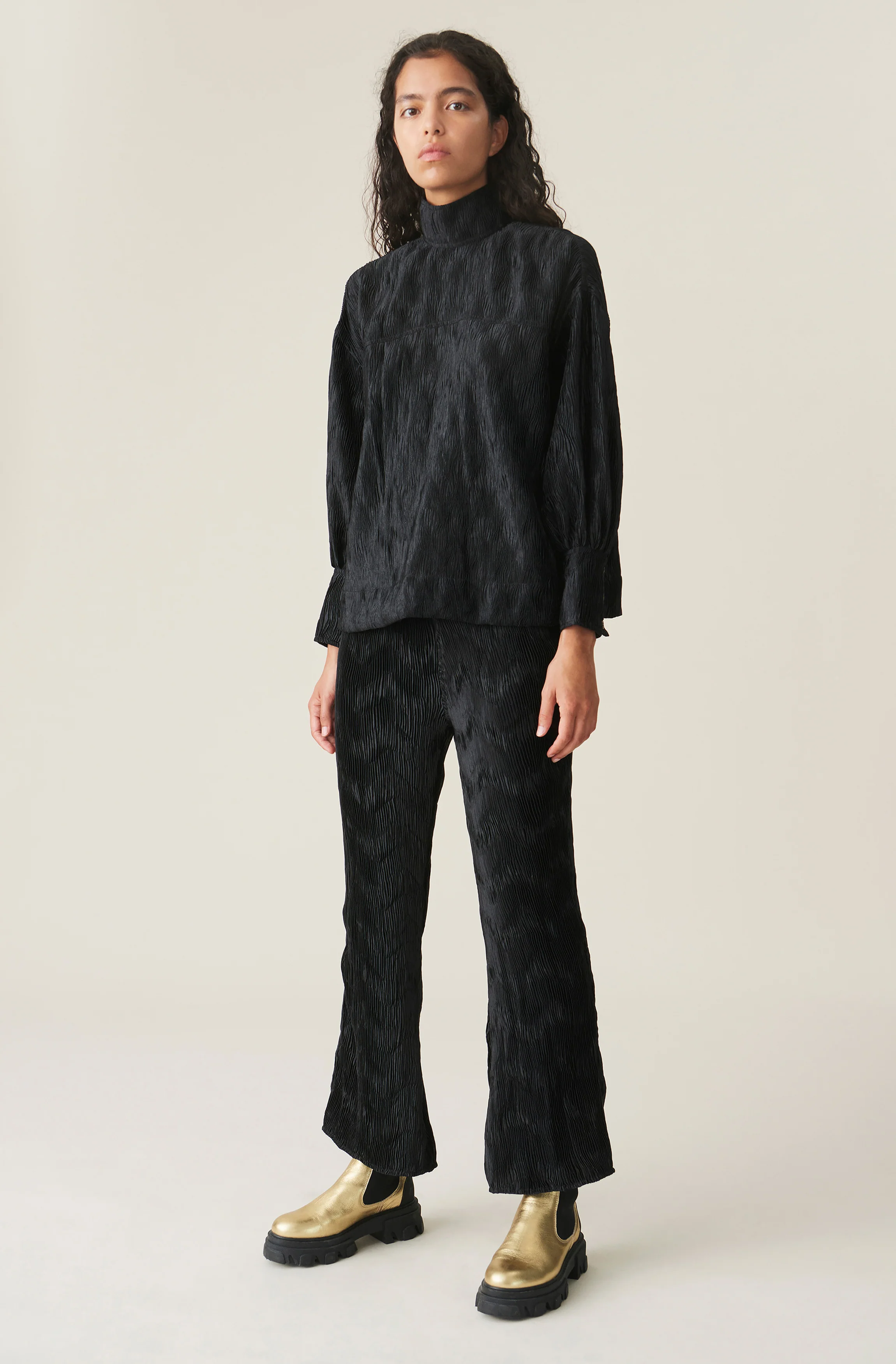 Pleated Satin Oversized Blouse | Black - Image 3
