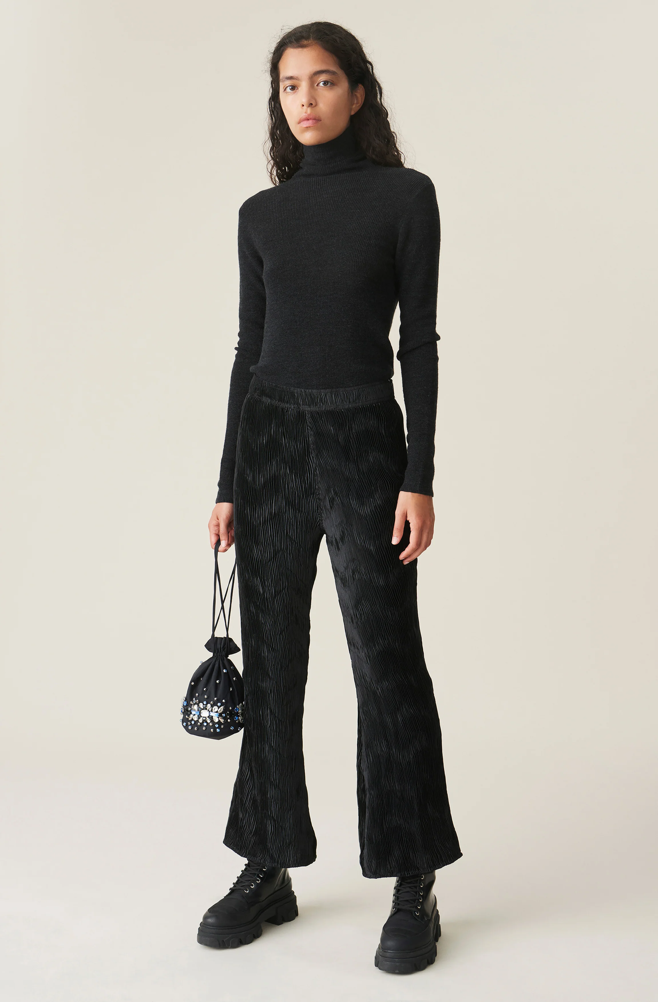 Pleated Satin Trousers | Black - Image 2