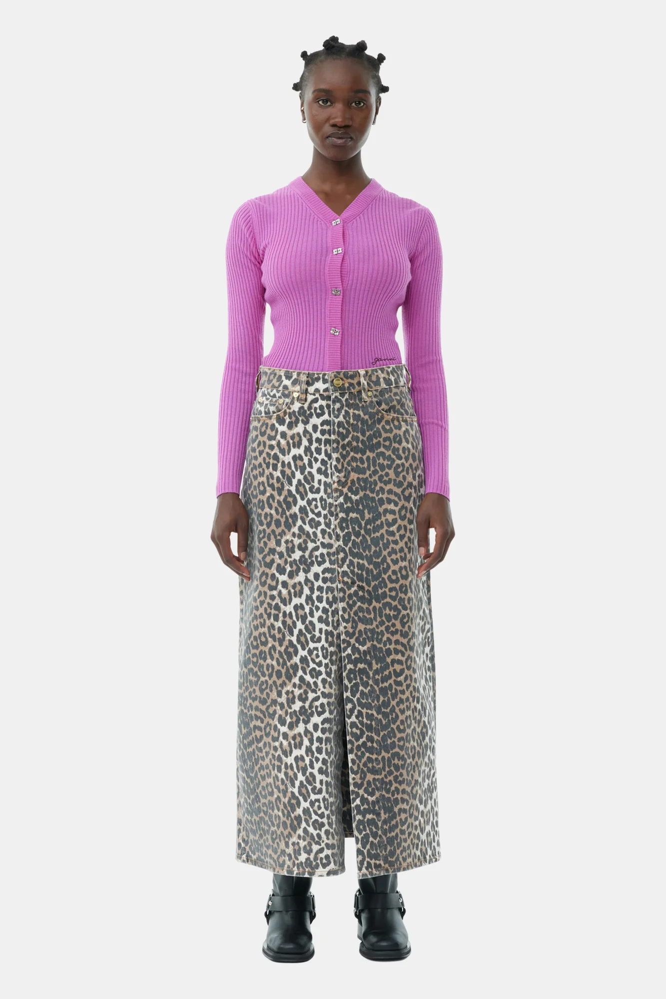 Print Denim Maxi Slit Skirt | Leopard - Image 3
