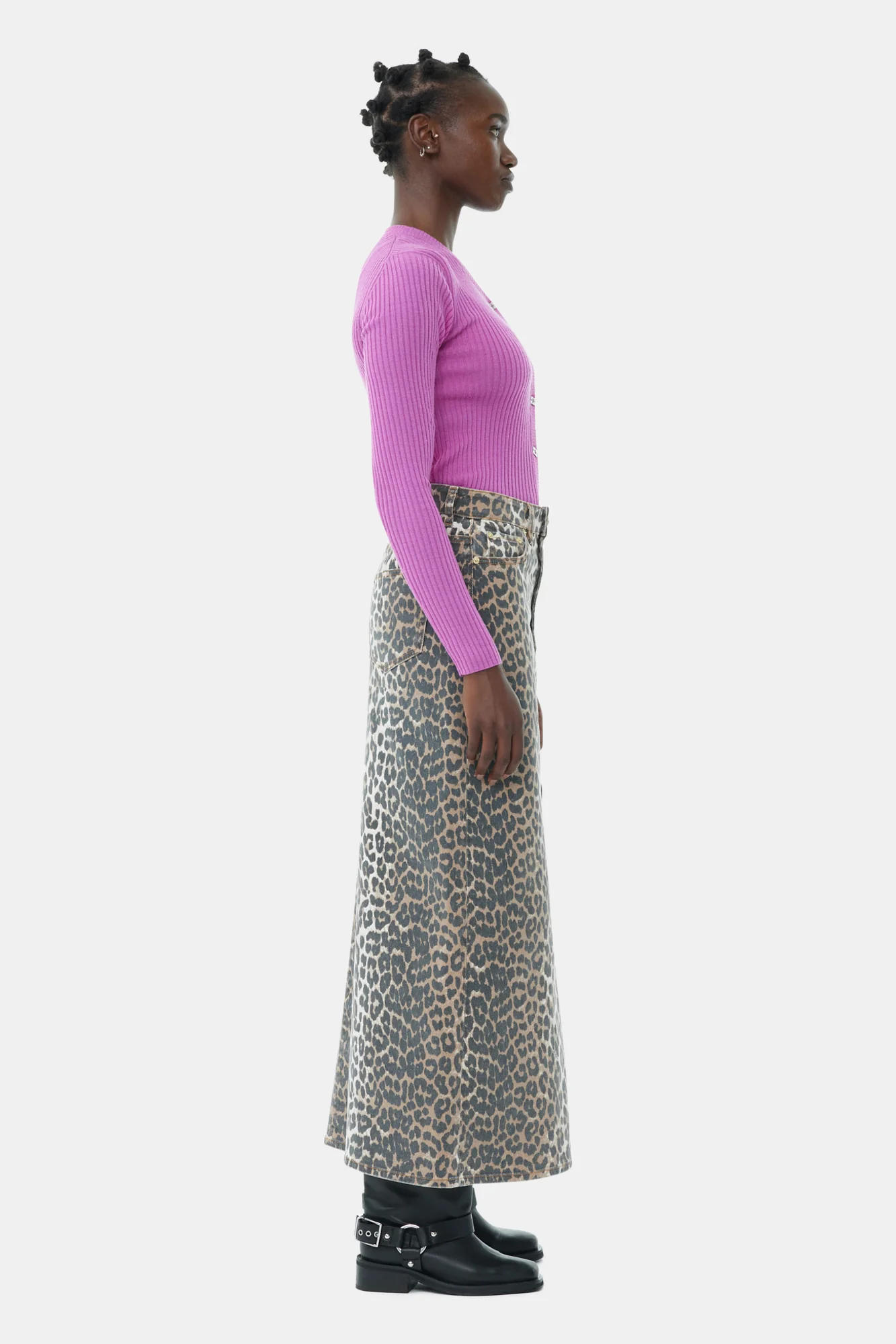 Print Denim Maxi Slit Skirt | Leopard - Image 4