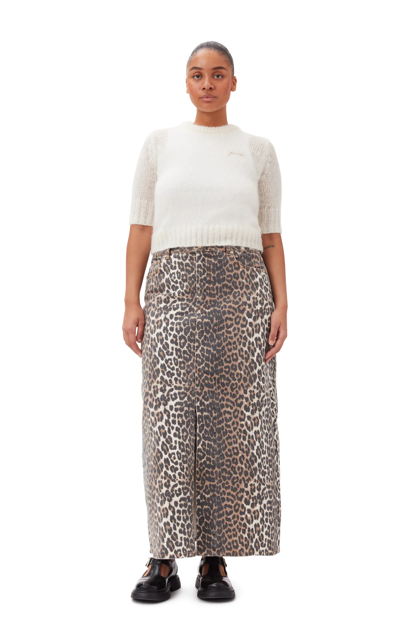 Print Denim Maxi Slit Skirt | Leopard - Image 7