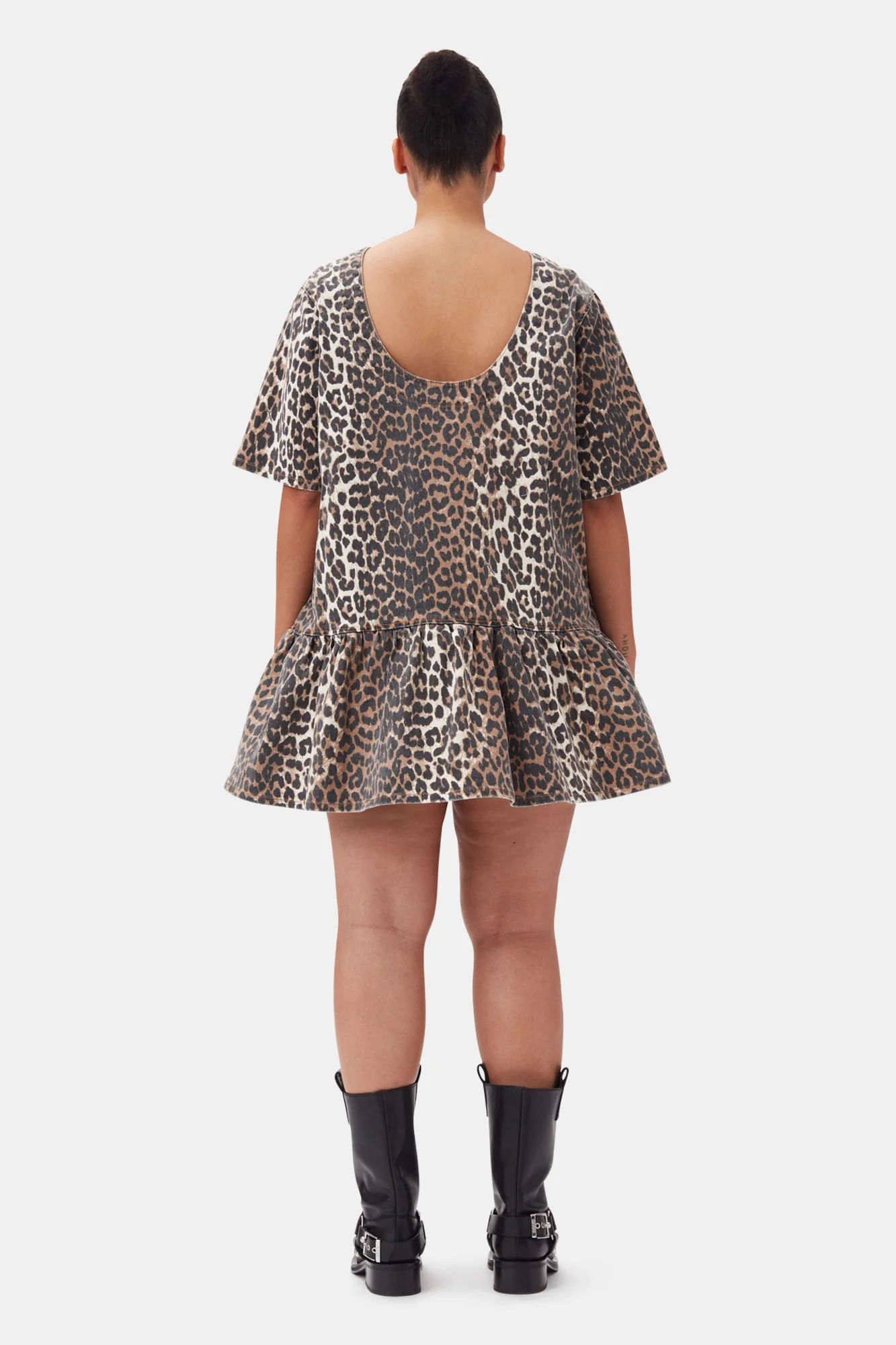 Print Denim Slip-On style Open-Back Mini Dress | Leopard - Image 10