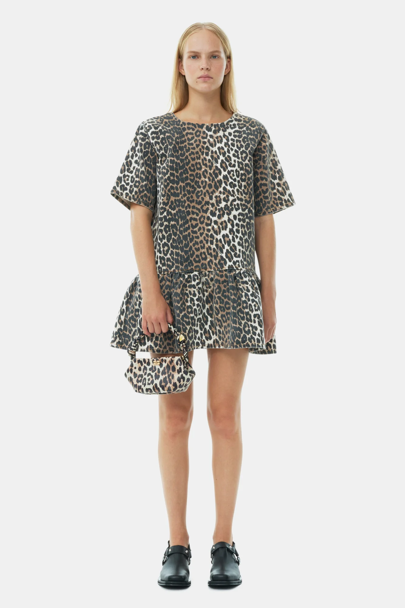 Print Denim Slip-On style Open-Back Mini Dress | Leopard - Image 3