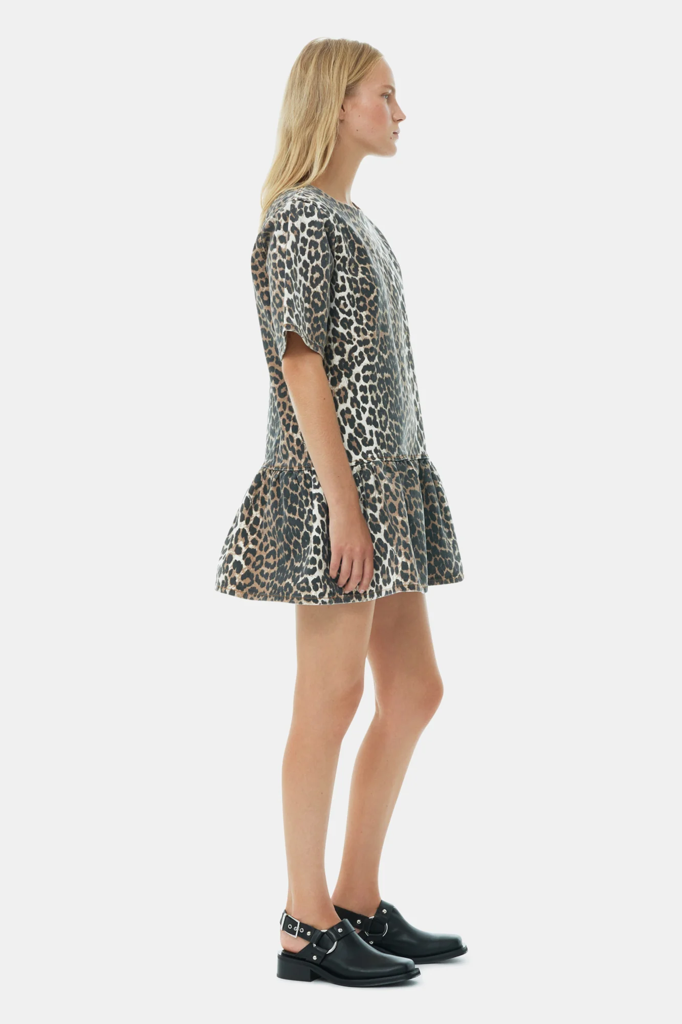 Print Denim Slip-On style Open-Back Mini Dress | Leopard - Image 5