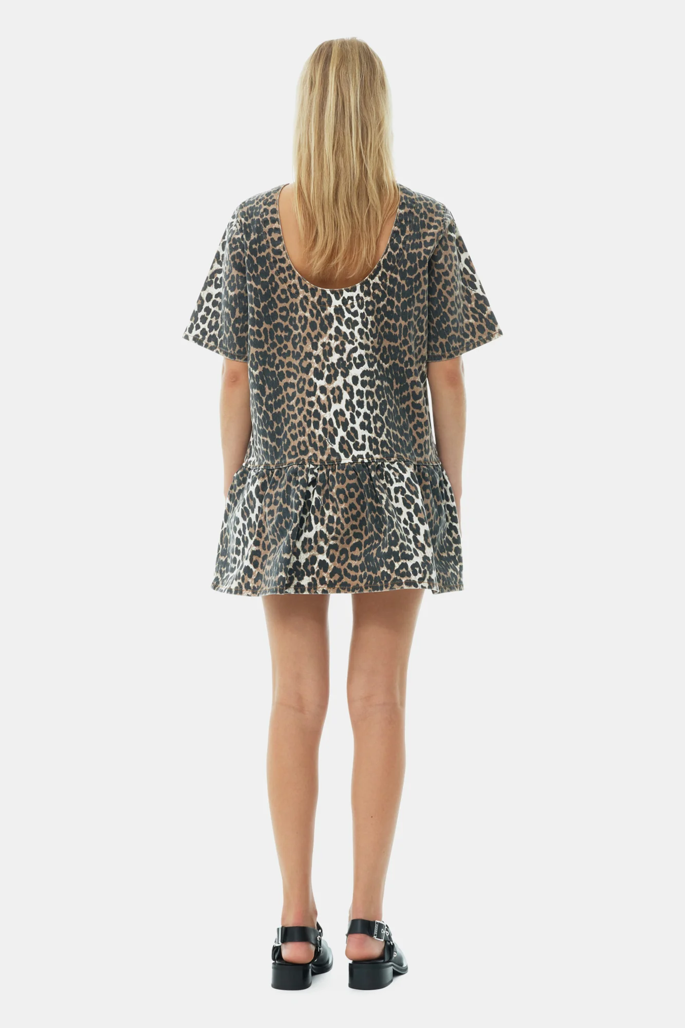 Print Denim Slip-On style Open-Back Mini Dress | Leopard - Image 6