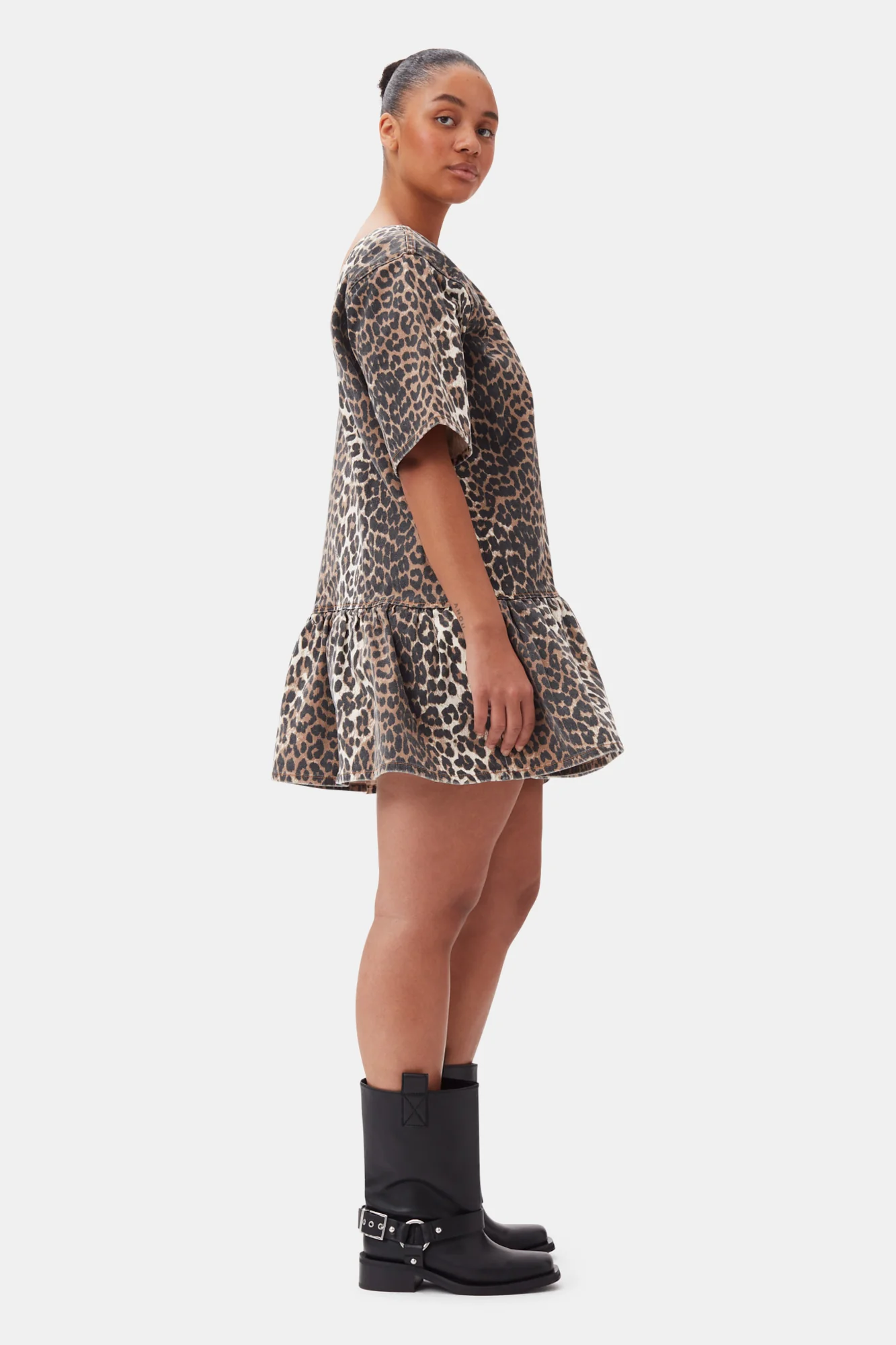 Print Denim Slip-On style Open-Back Mini Dress | Leopard - Image 9