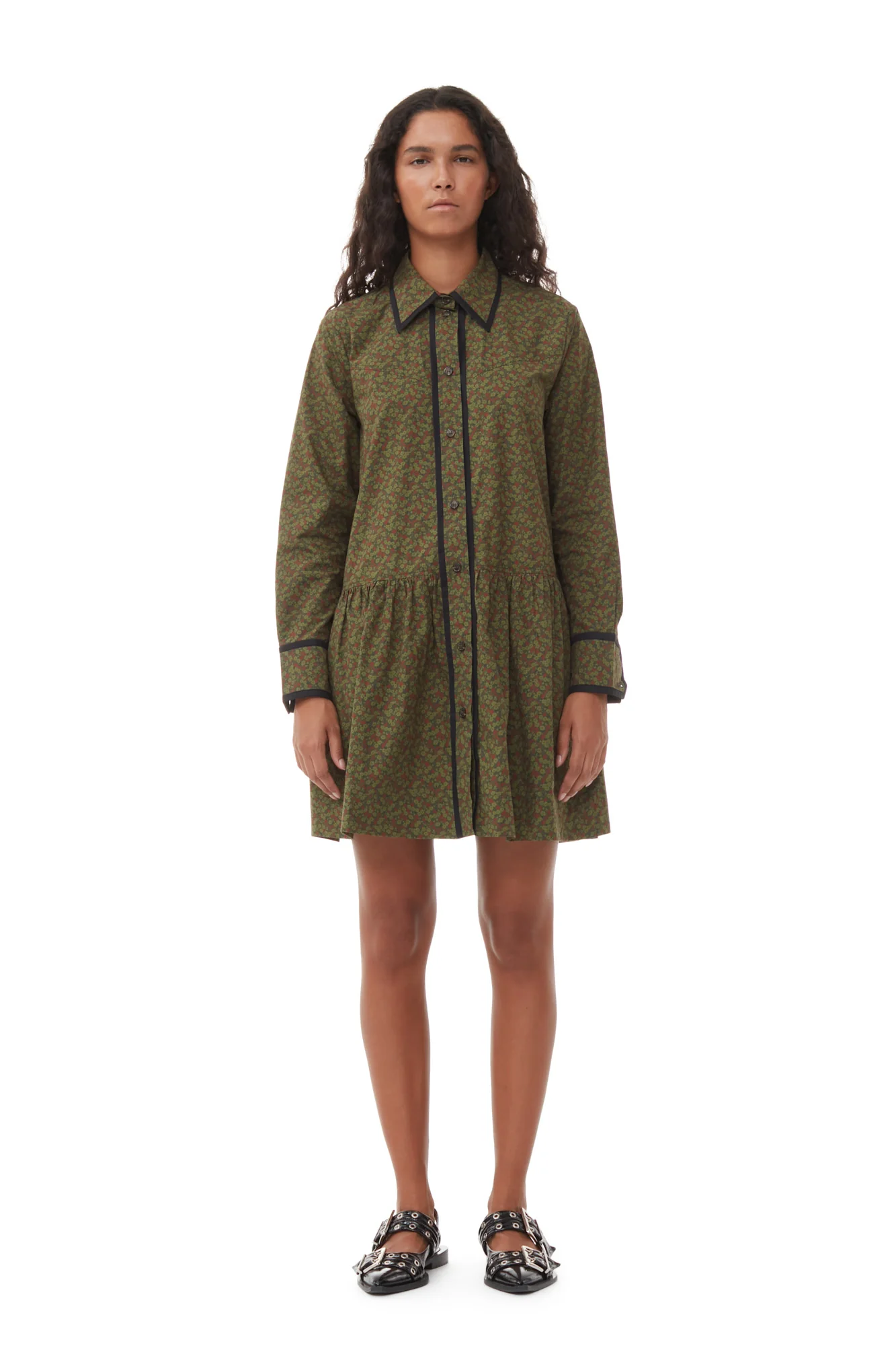 Printed Cotton Mini Shirt Dress | Avocado - Image 3