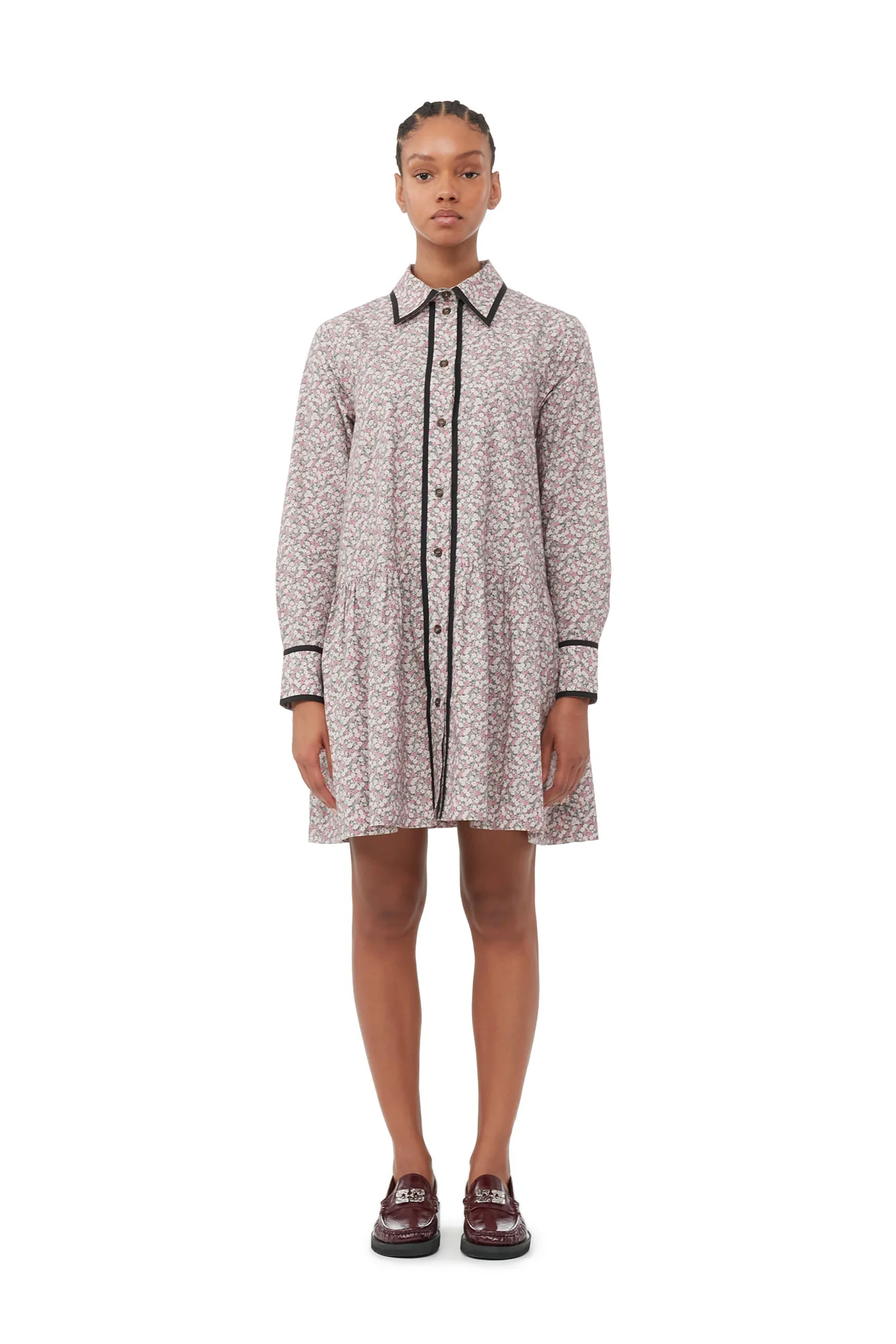 Printed Cotton Mini Shirt Dress | Frost Gray - Image 3