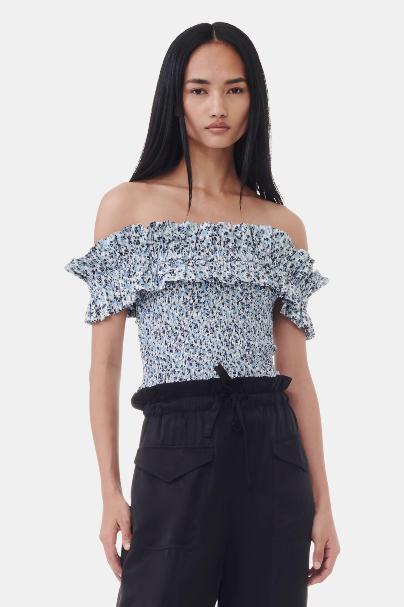 Printed Cotton Off-shoulder Smock Top | Glacier Lake - Image 3